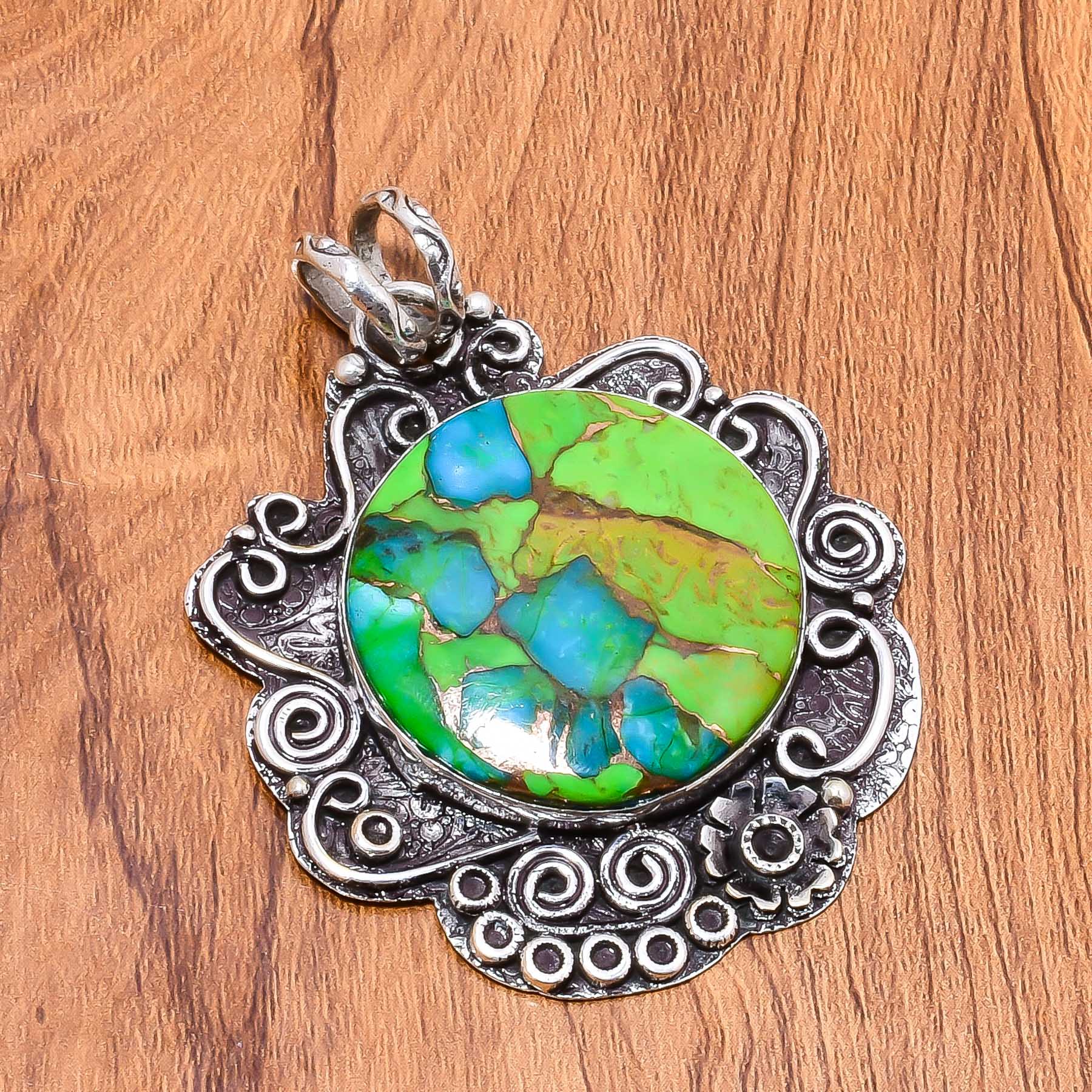 Green Blue Kingman Peacock Dahlia Turquoise 925 Sterling Silver Handmade Pendant
