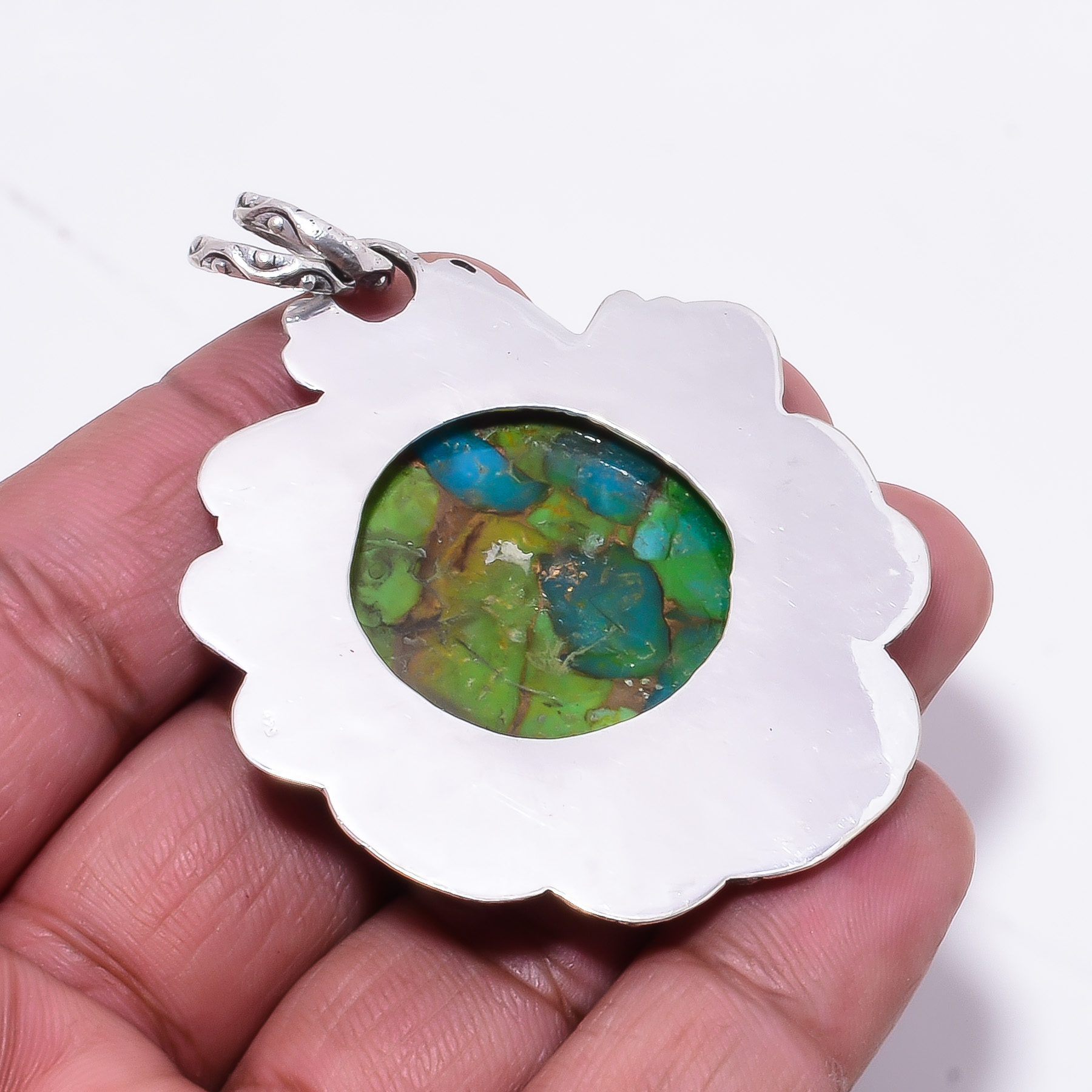Green Blue Kingman Peacock Dahlia Turquoise 925 Sterling Silver Handmade Pendant