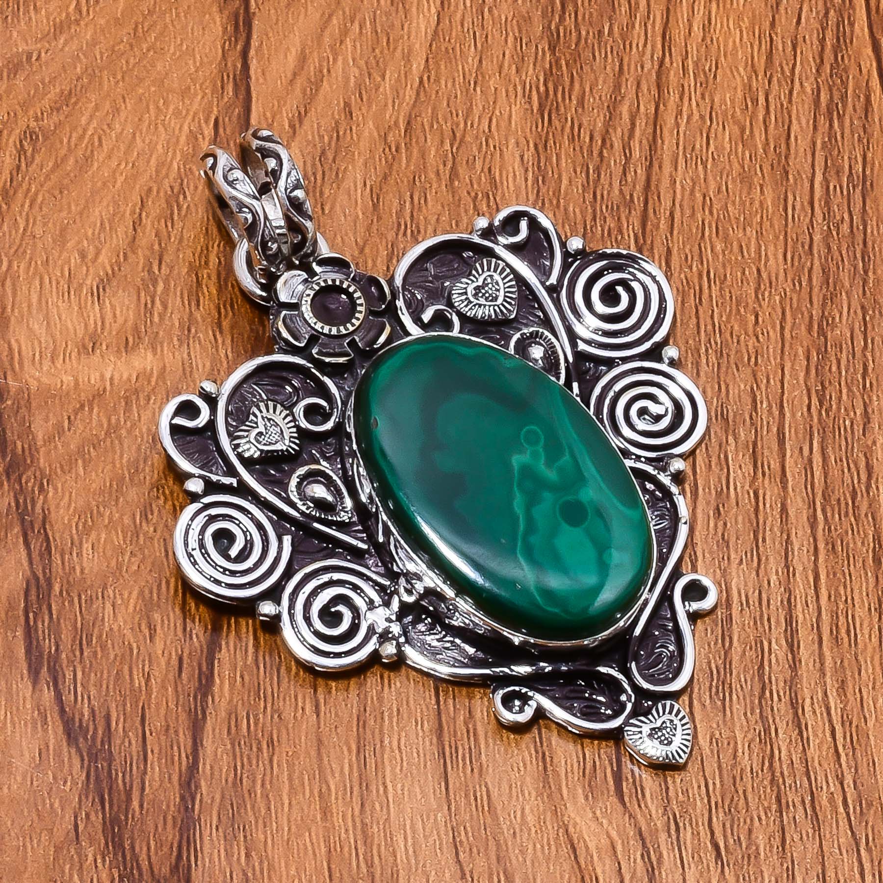 Green Malachite Gemstone 925 Sterling Silver Handmade Pendant by Nakshmart