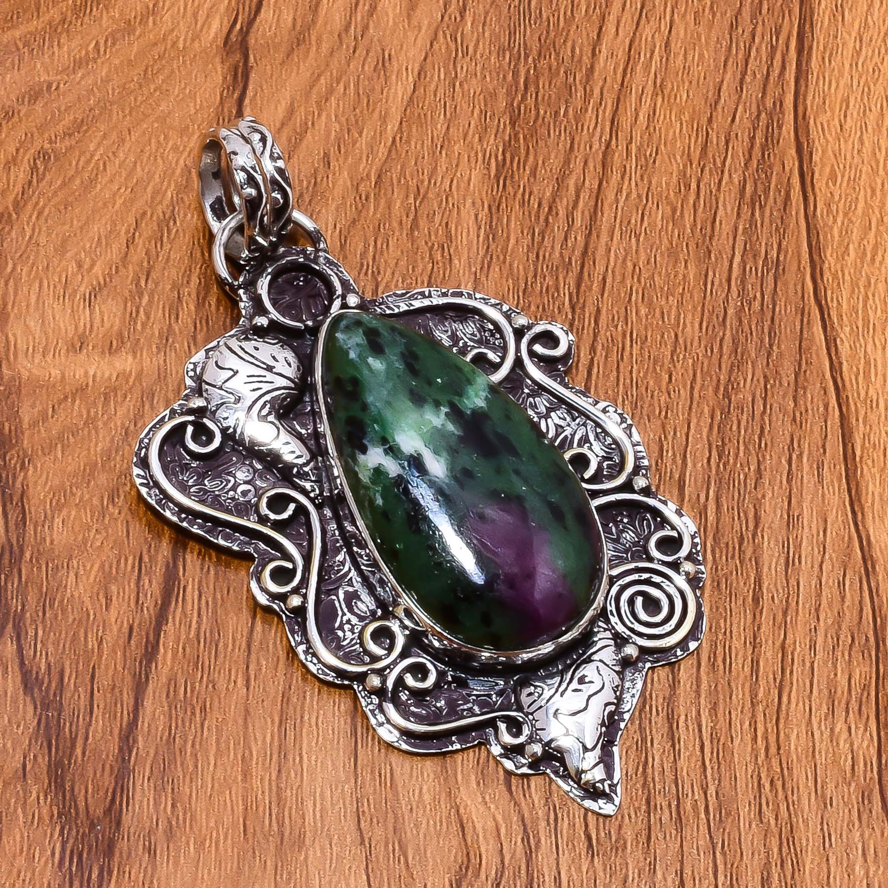 Ruby Zoisite Gemstone 925 Sterling Silver Handmade Pendant by Nakshmart