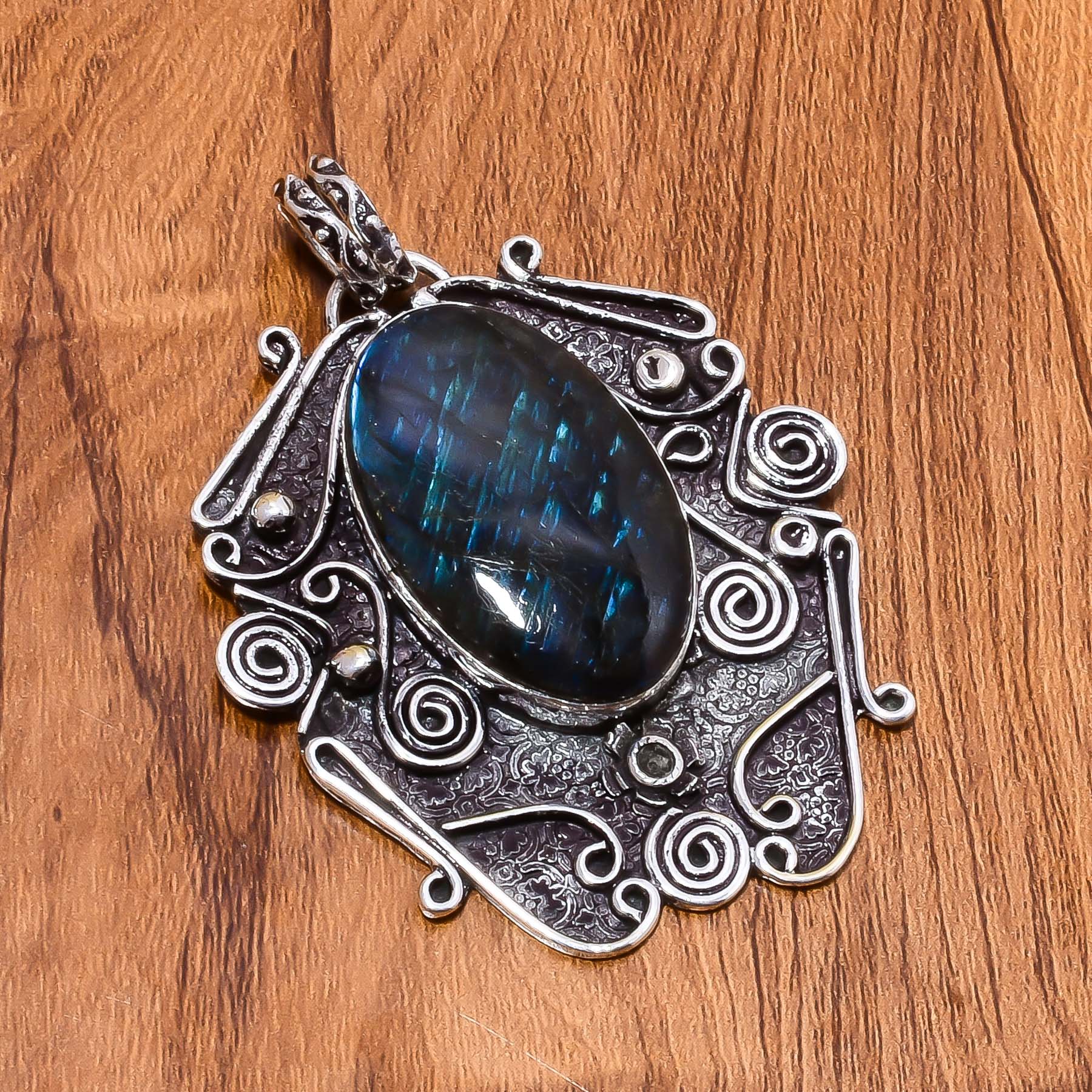 Large Blue Labradorite Gemstone 925 Sterling Silver Handmade Pendant by Nakshmart