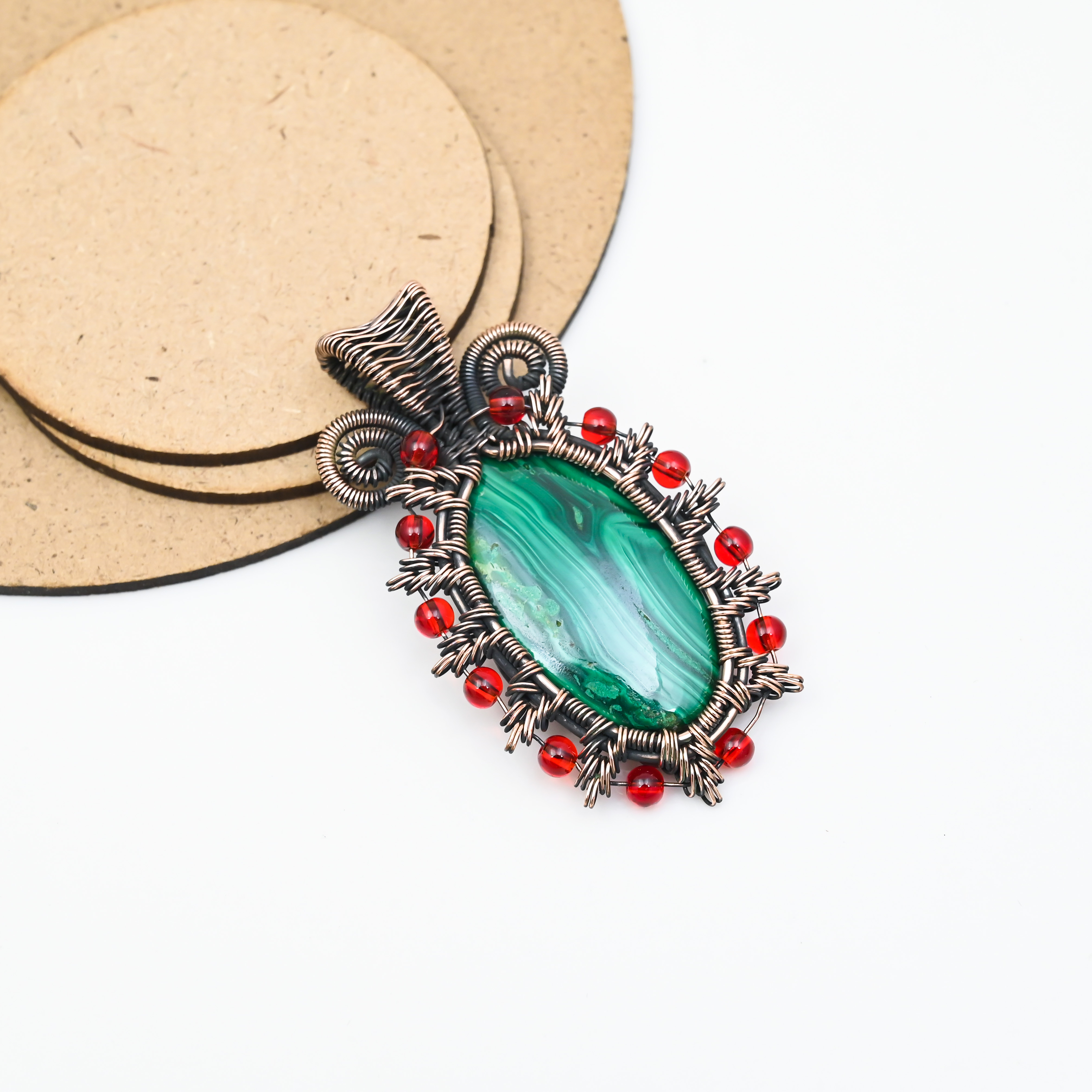 Handmade malachite copper wrap pendant with natural green stone