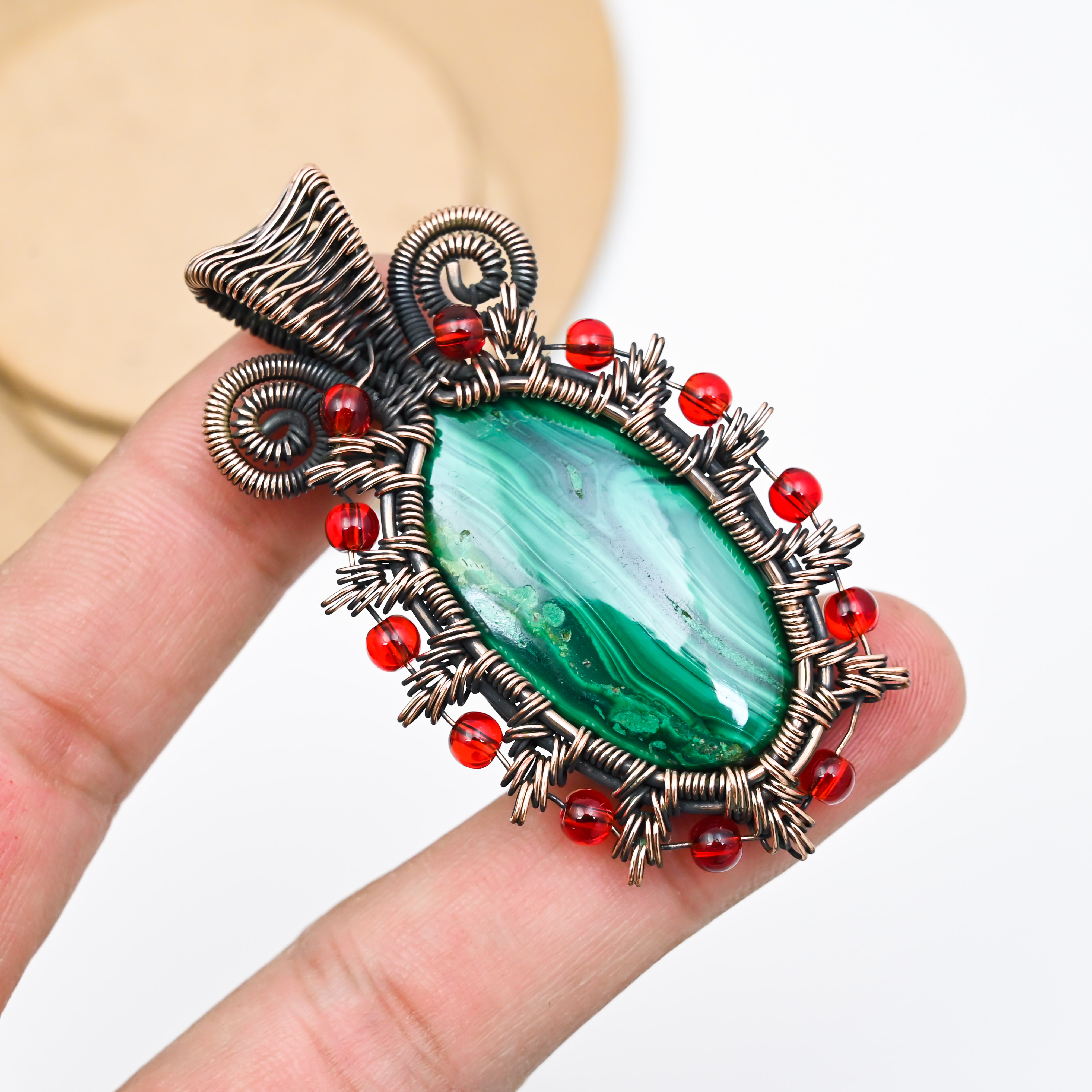 Handmade malachite copper wrap pendant with natural green stone