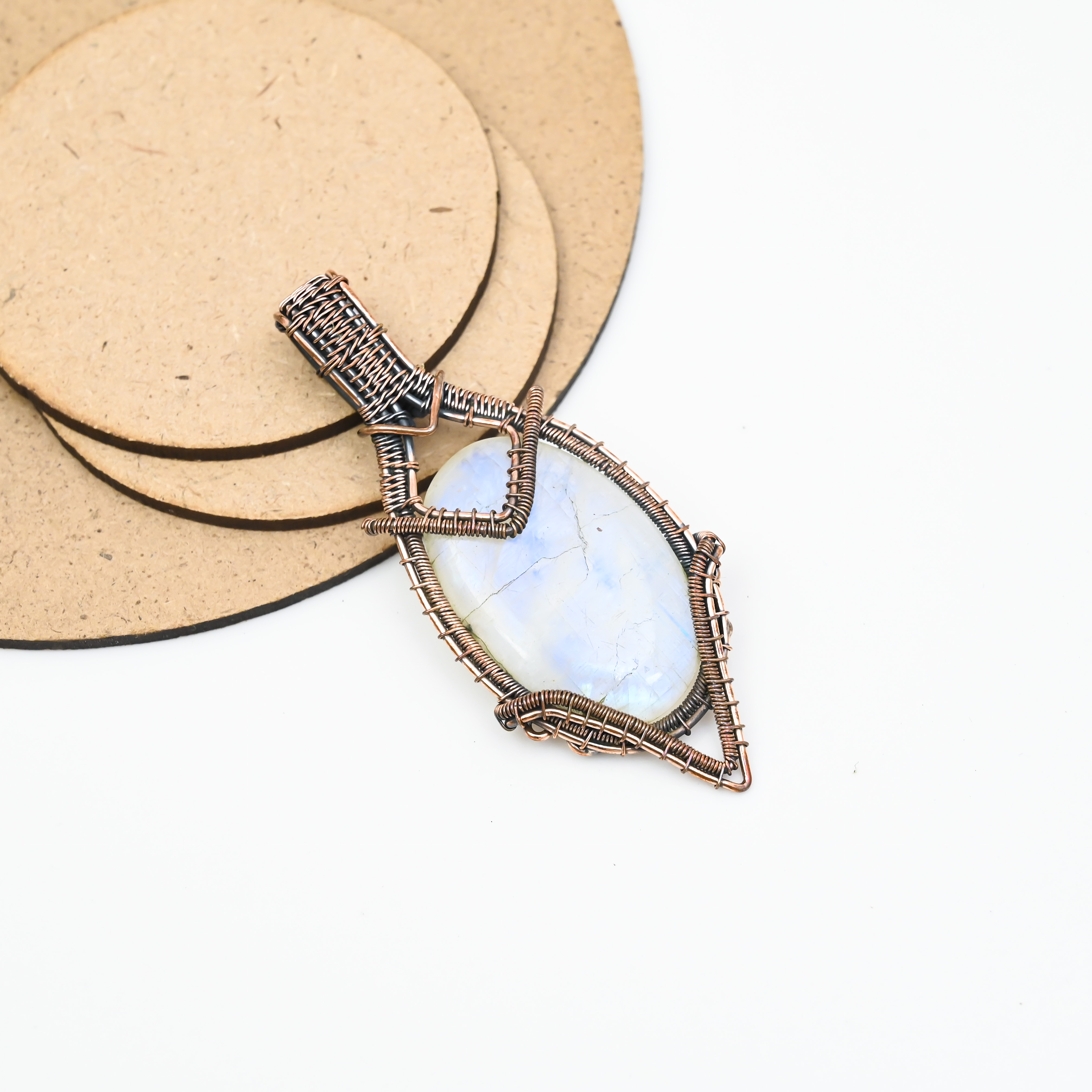 Natural moonstone gemstone copper wire wrap handmade jewelry pendant