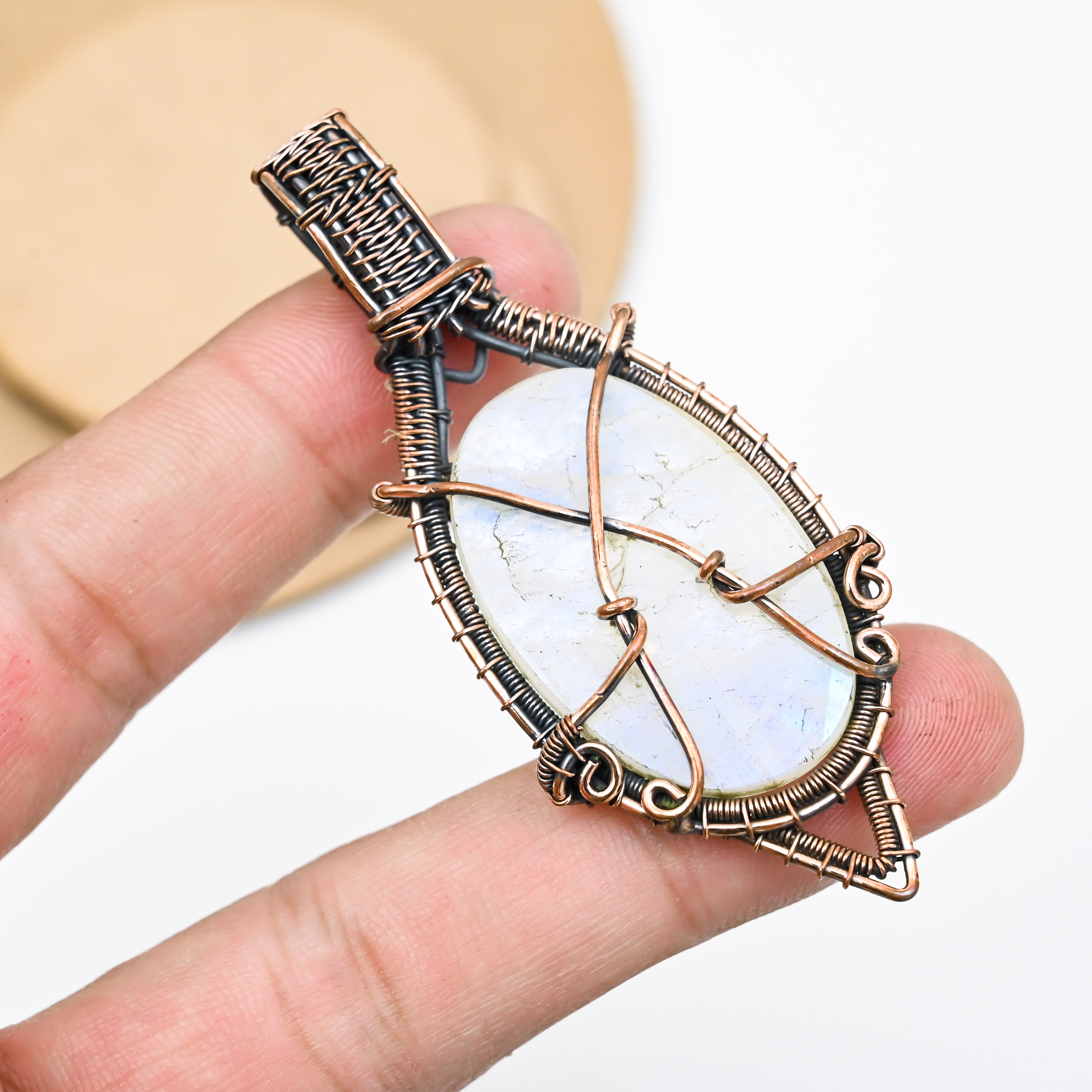 Natural moonstone gemstone copper wire wrap handmade jewelry pendant