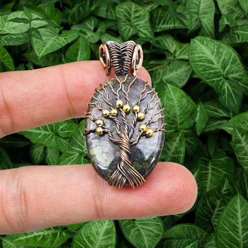 Tree of Life copper wire wrapped pendant with natural stingray gemstone