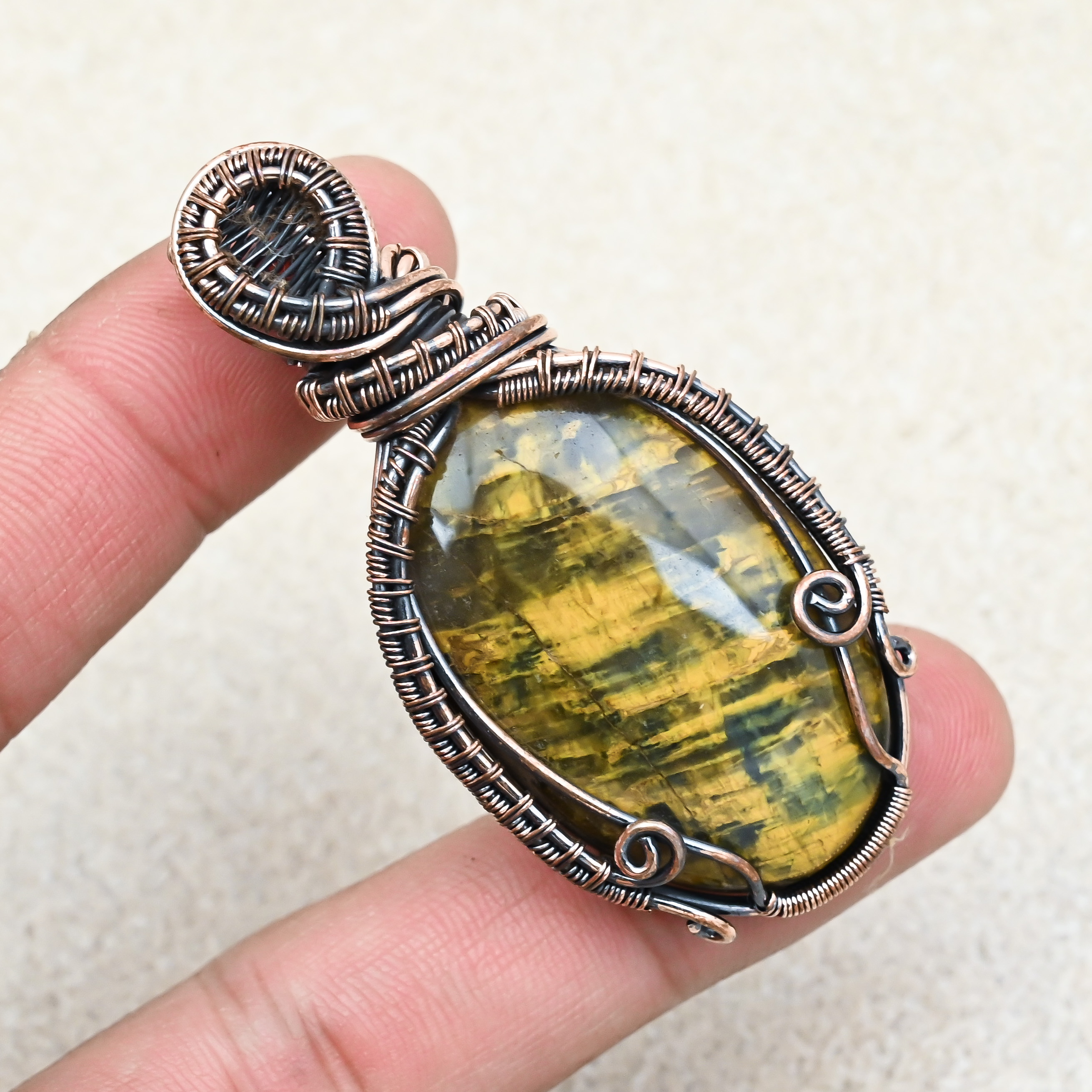 Handmade Tiger Eye gemstone copper wire wrapped pendant