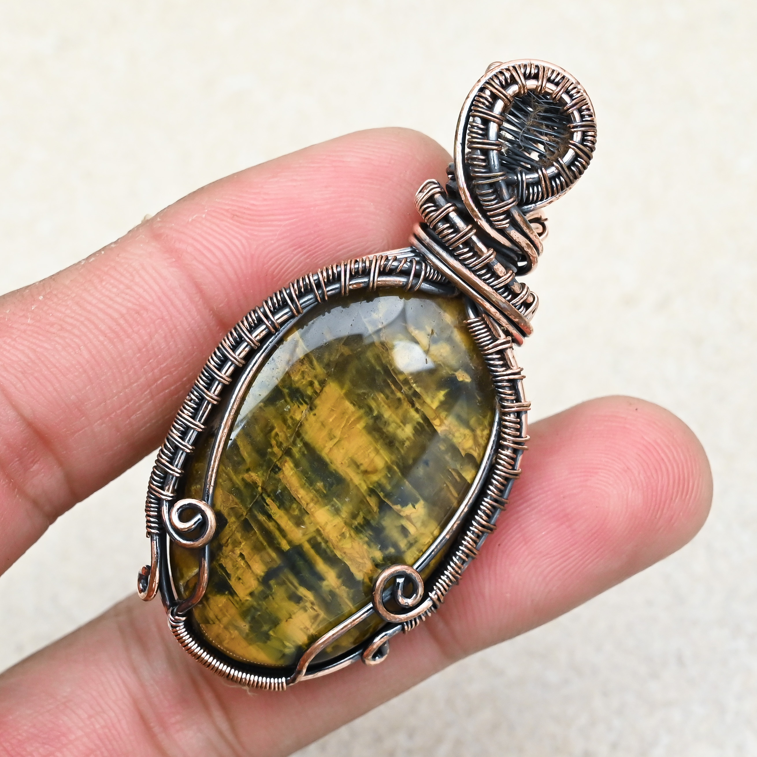 Handmade Tiger Eye gemstone copper wire wrapped pendant