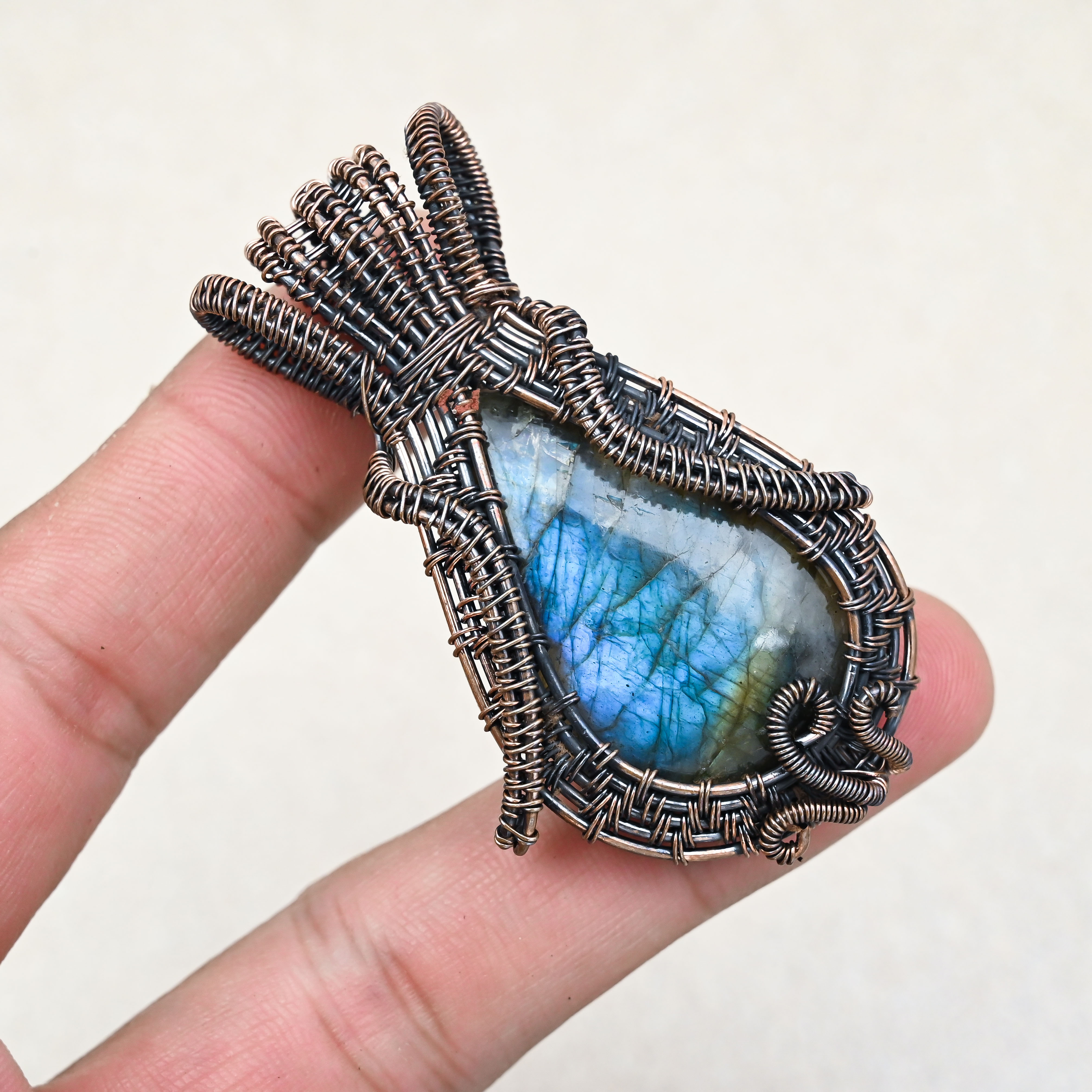 Natural Labradorite crystal pendant with copper wire wrap