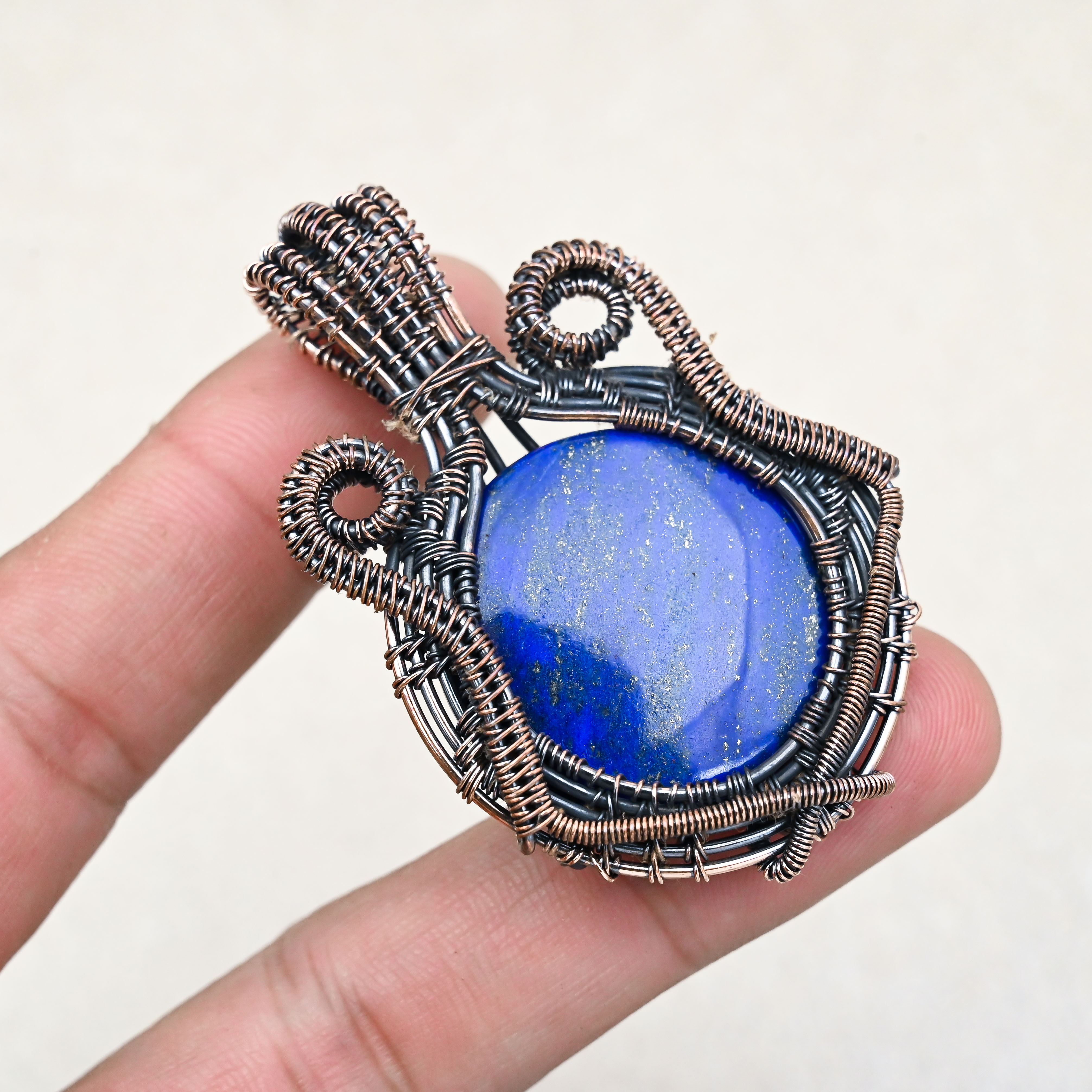 Copper wire wrapped Lapis Lazuli crystal pendant necklace