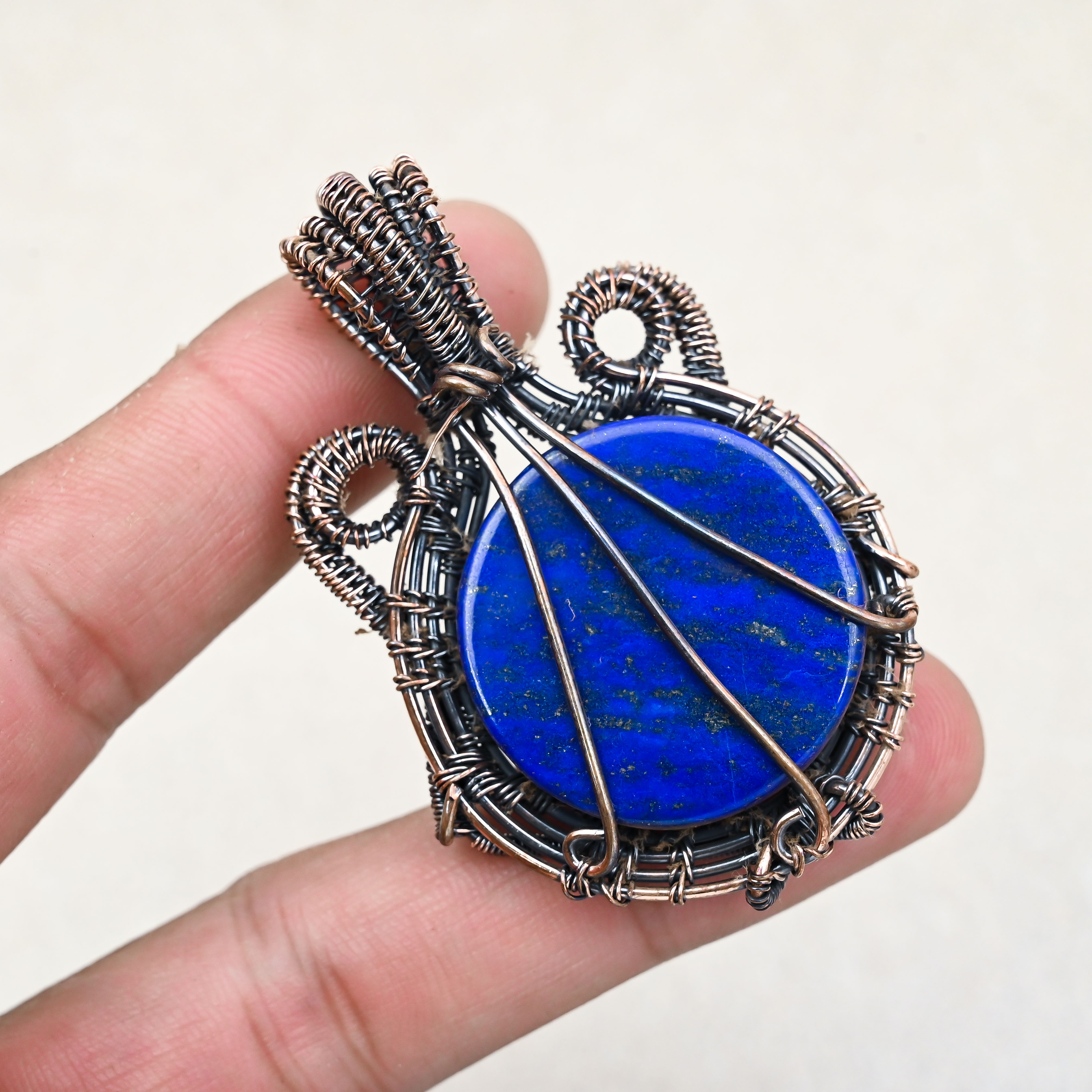 Copper wire wrapped Lapis Lazuli crystal pendant necklace