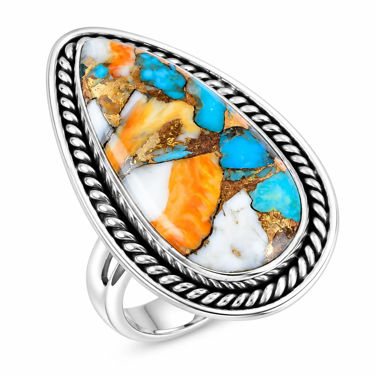 Nakshmart 925 Sterling Silver Natural Oyster Turquoise Statement Ring