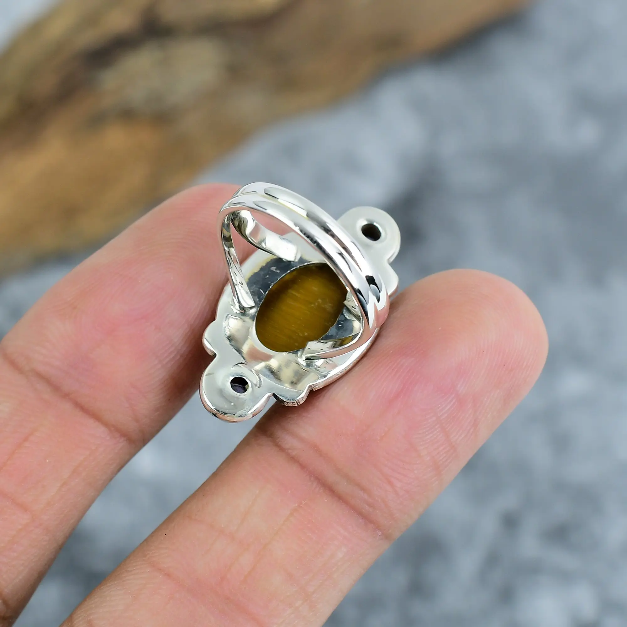 Nakshmart 925 Sterling Silver Natural Tiger's Eye Statement Ring