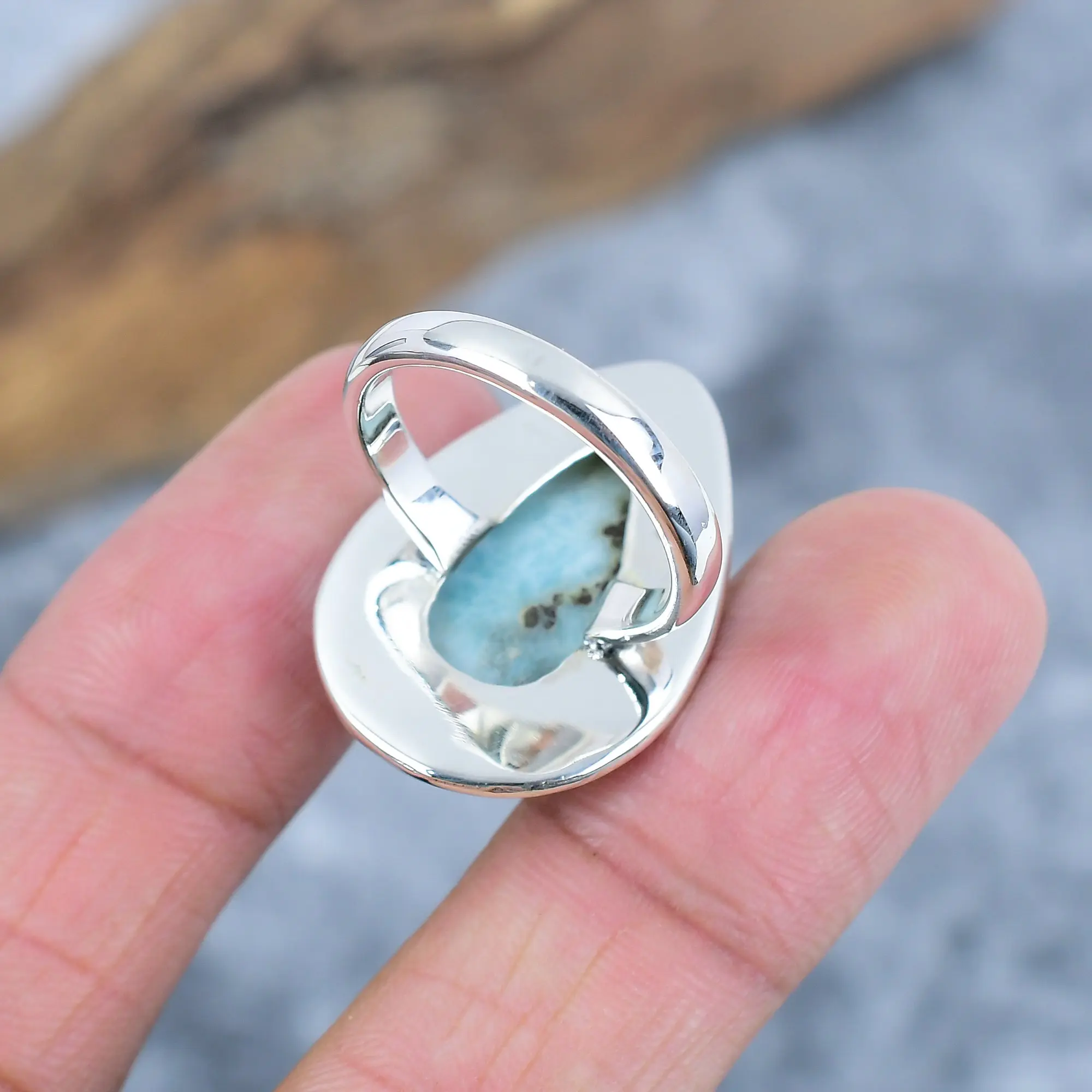 Nakshmart Natural Larimar 925 Sterling Silver Statement Bezel Ring