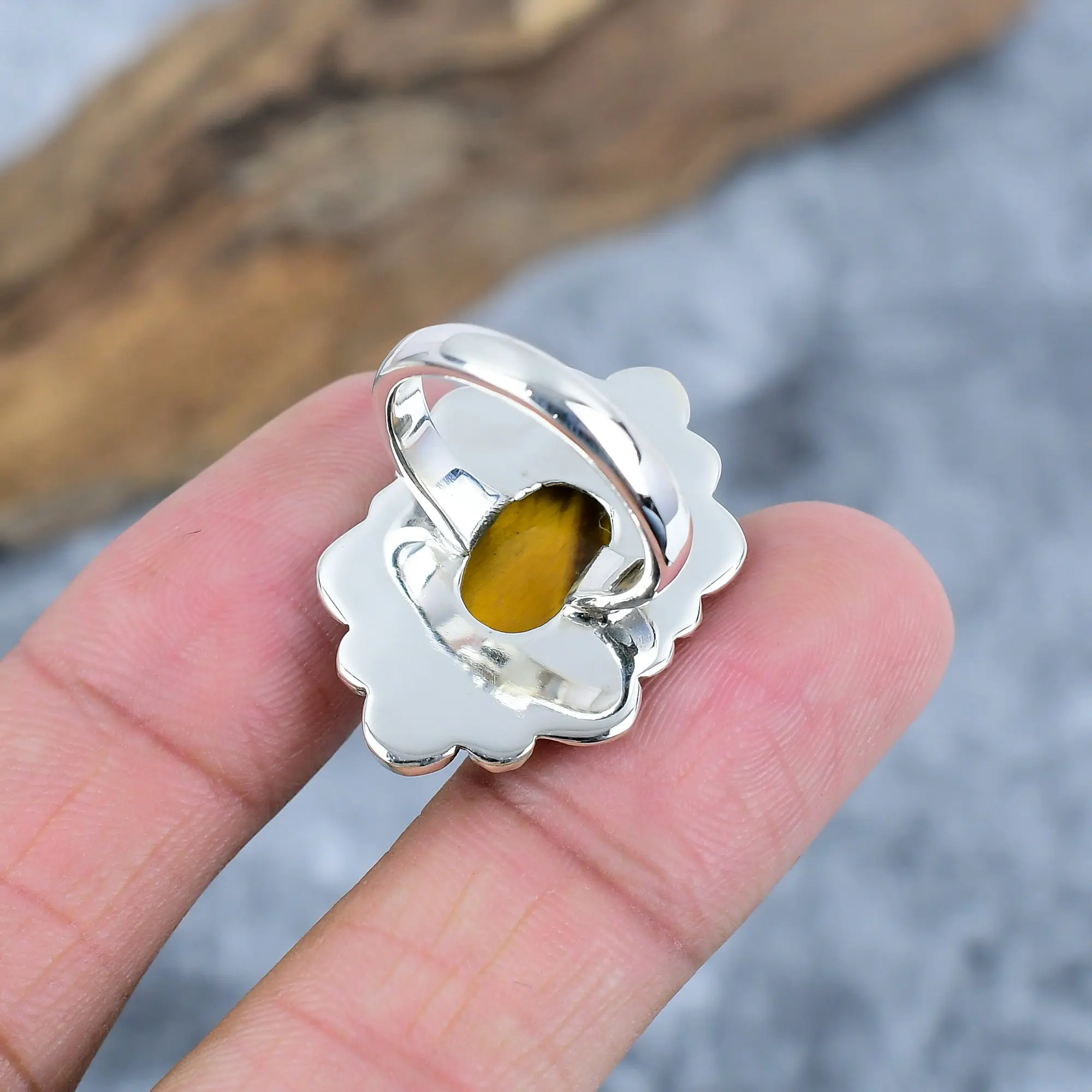 Nakshmart Natural Tiger's Eye 925 Sterling Silver Statement Ring