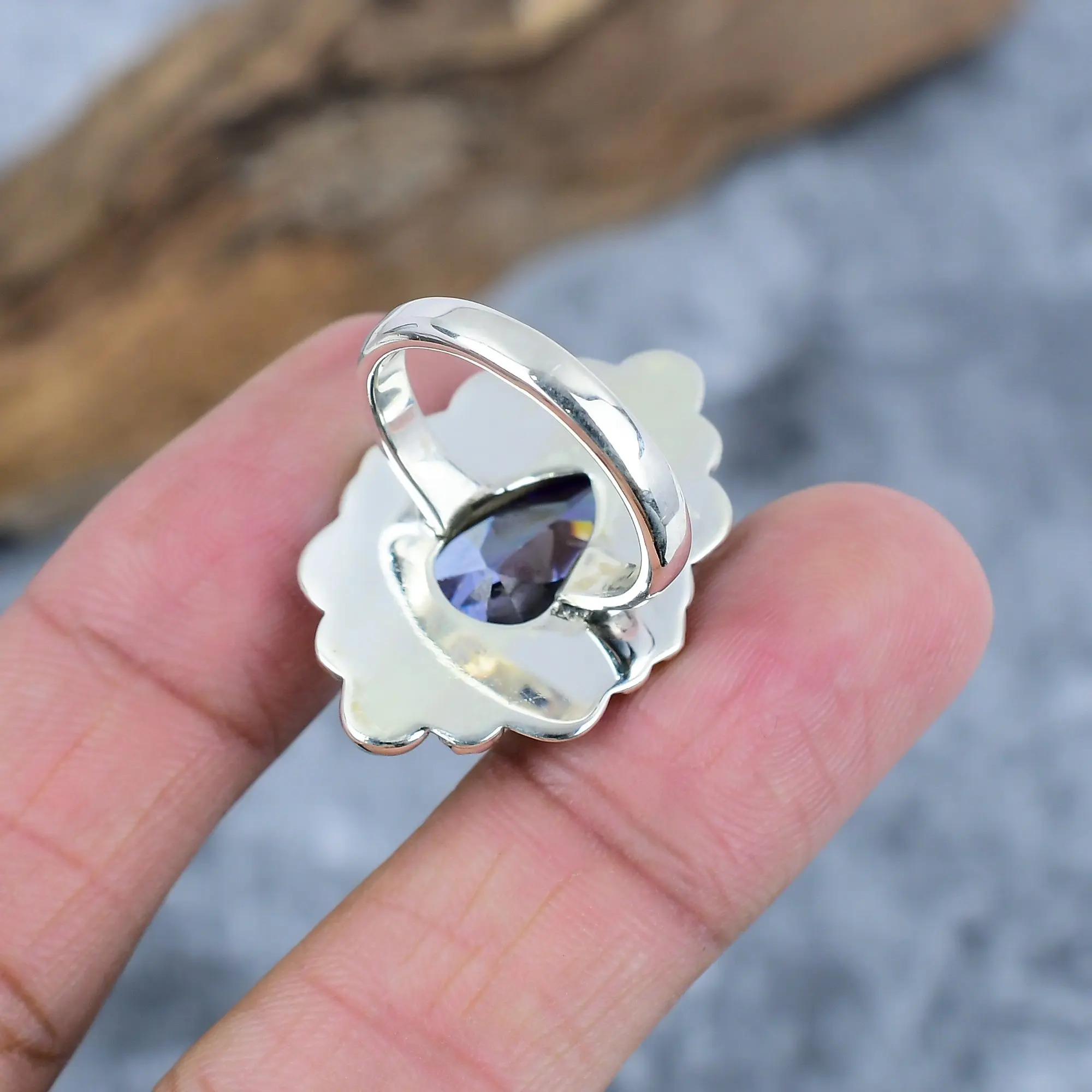 Nakshmart 925 Sterling Silver Lab Amethyst Bezel Statement Ring