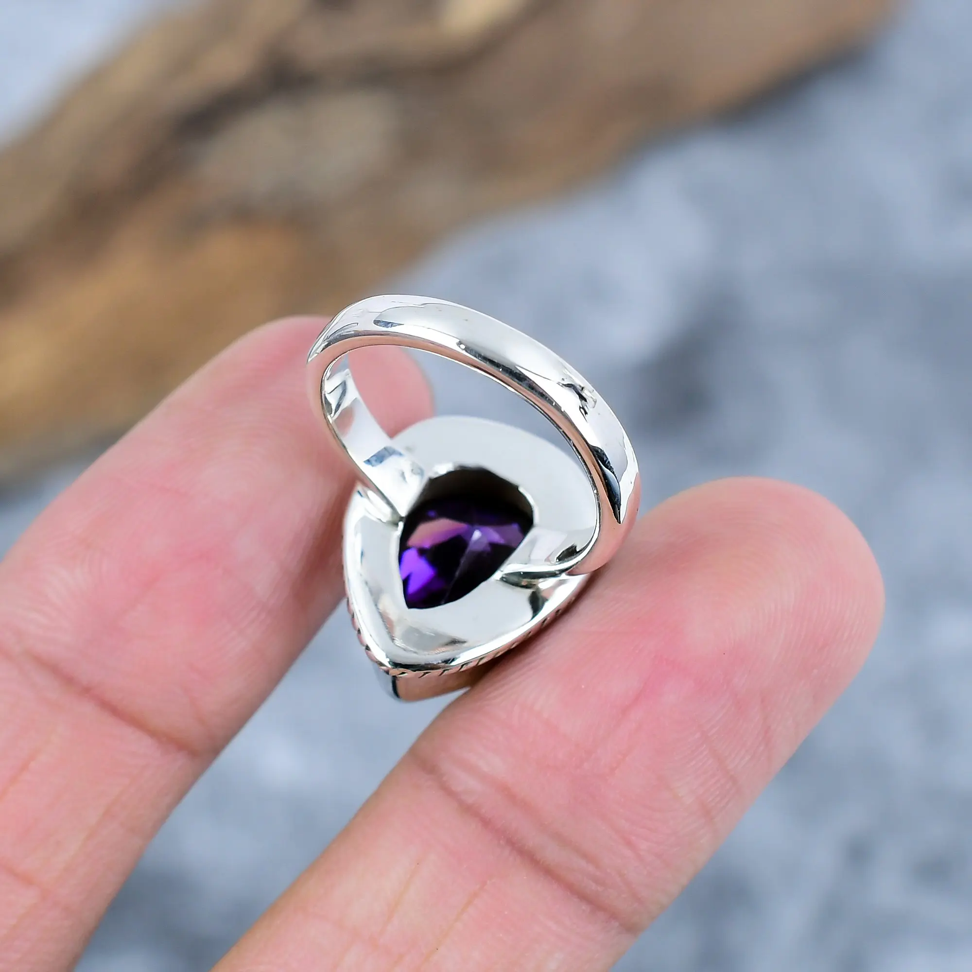 Nakshmart Amethyst 925 Sterling Silver Bezel Statement Ring