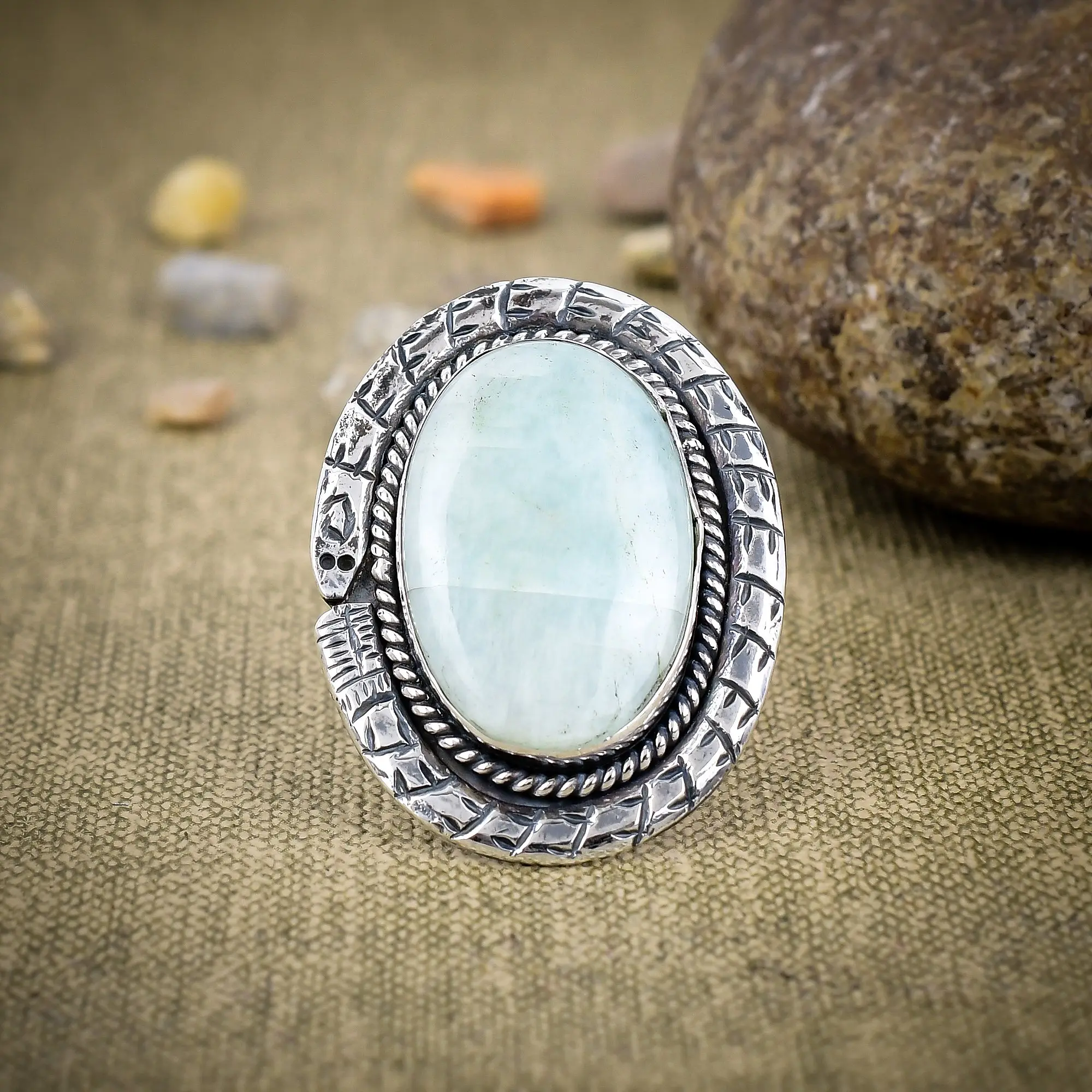 Nakshmart Natural Moonstone Bezel Statement Ring in 925 Silver