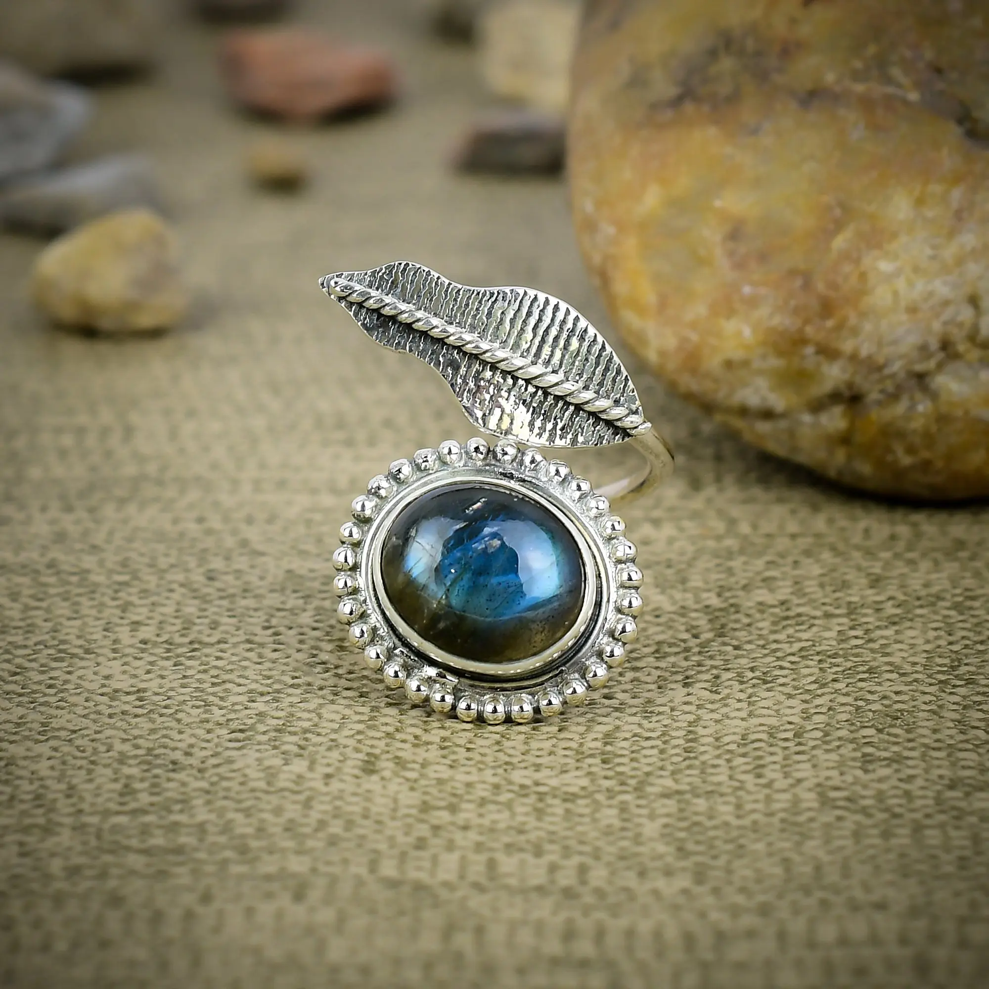 Nakshmart Natural Labradorite Statement Ring in 925 Sterling Silver