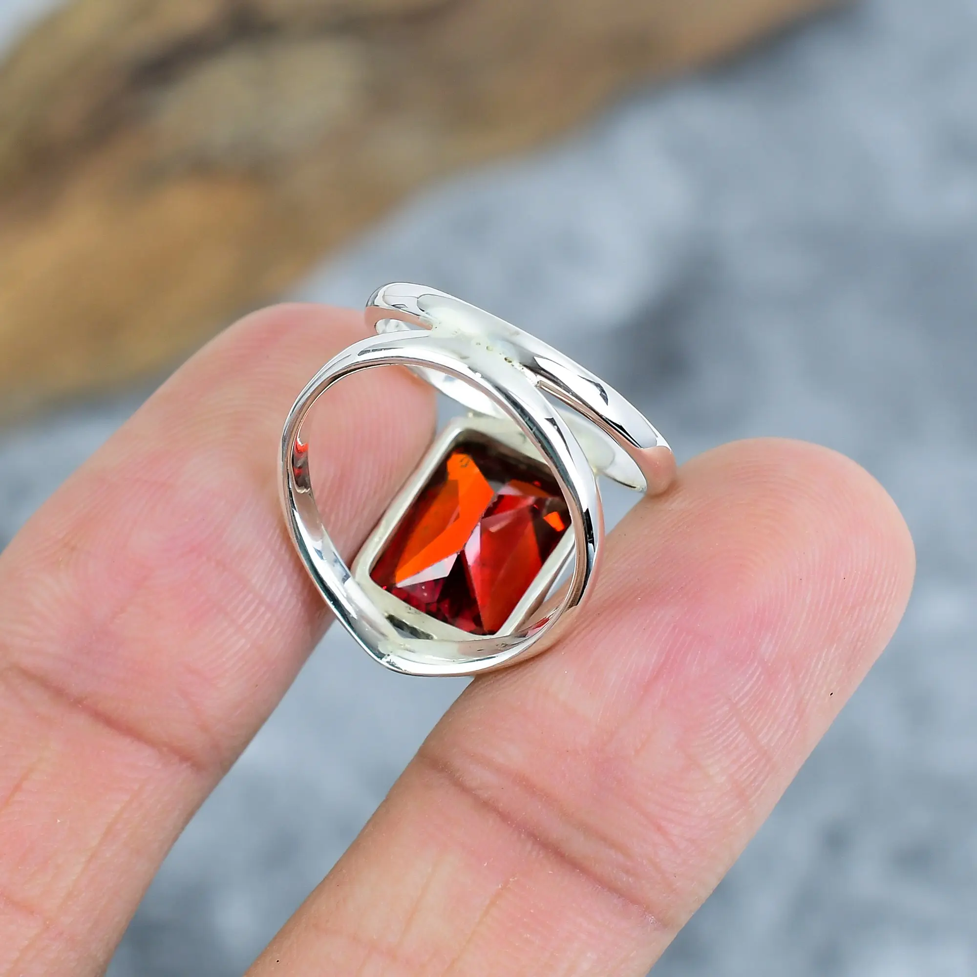 Nakshmart 925 Sterling Silver Bezel Set Garnet Statement Ring