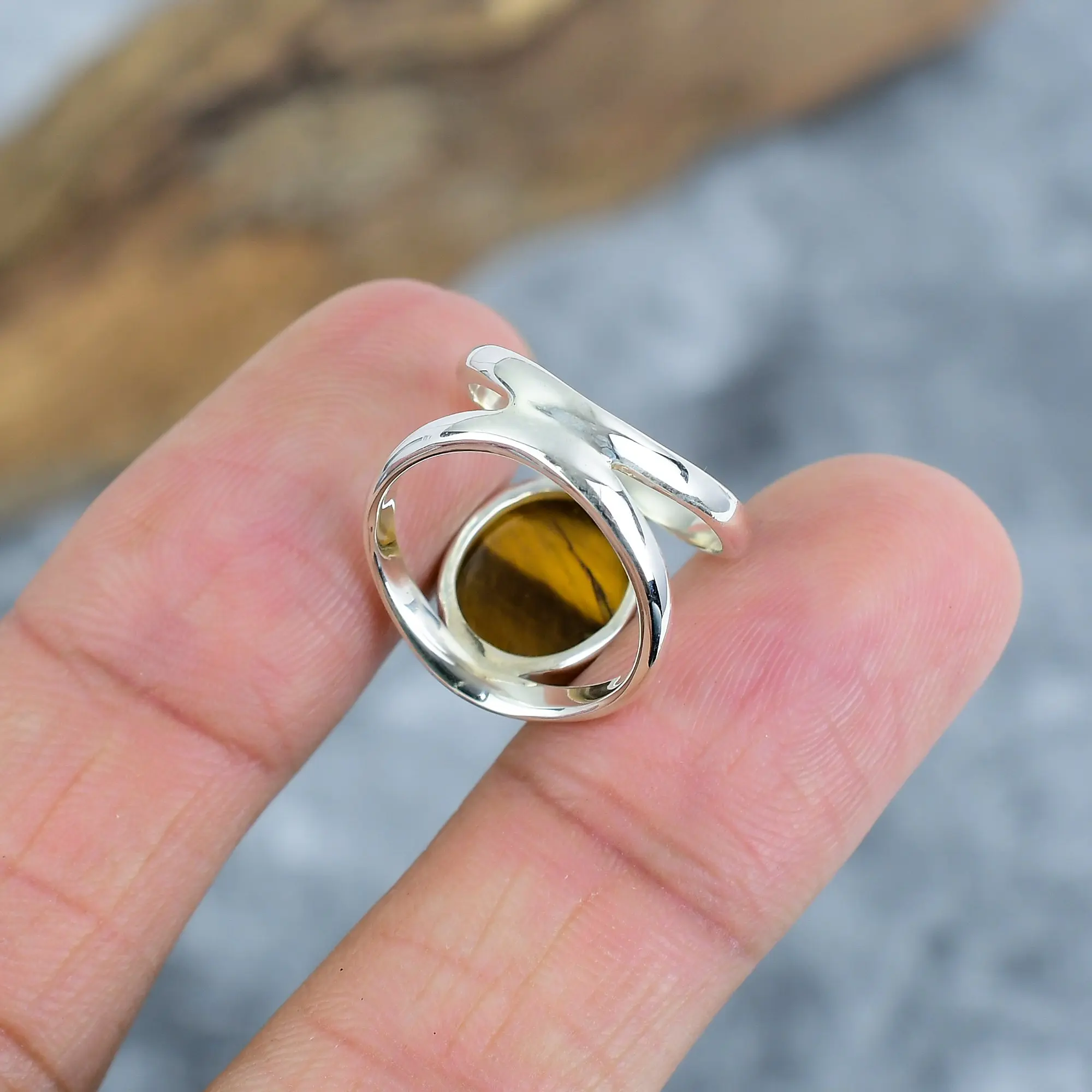 Nakshmart Natural Tiger's Eye 925 Sterling Silver Statement Ring