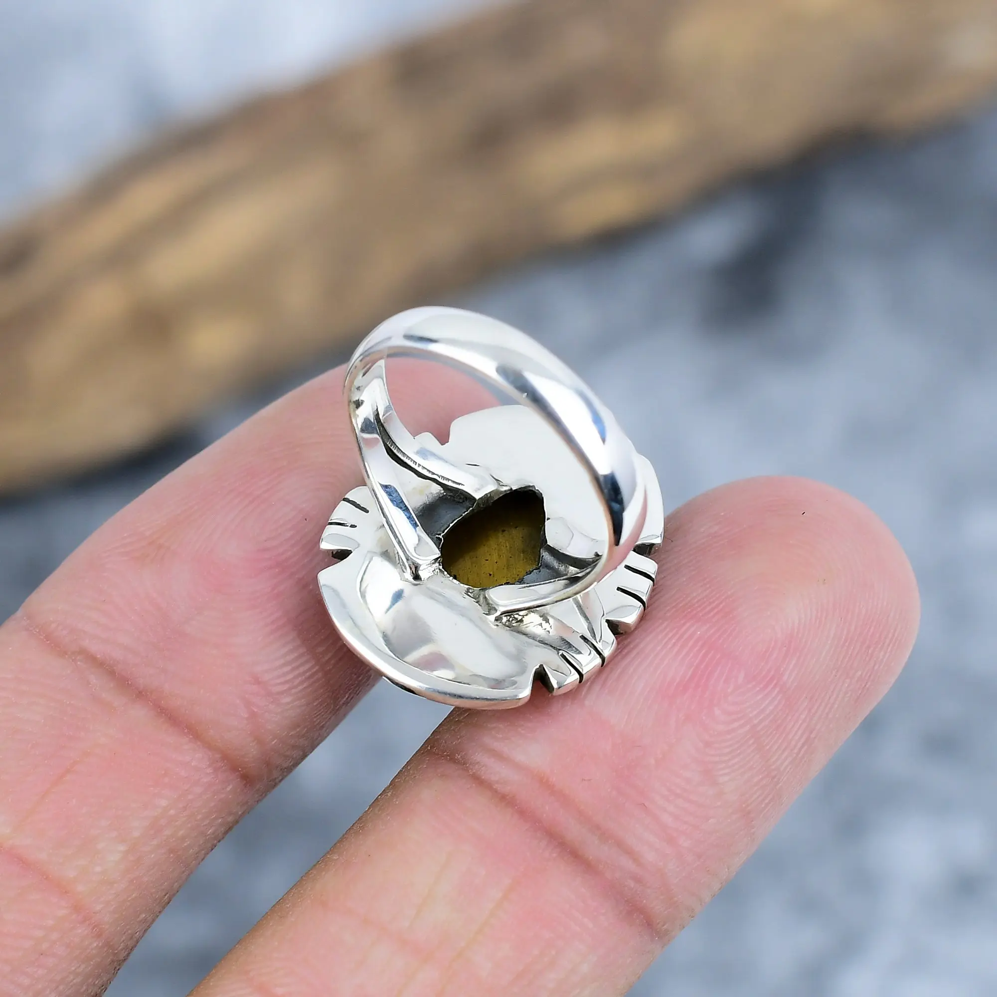 Nakshmart 925 Sterling Silver Natural Tiger Eye Statement Ring