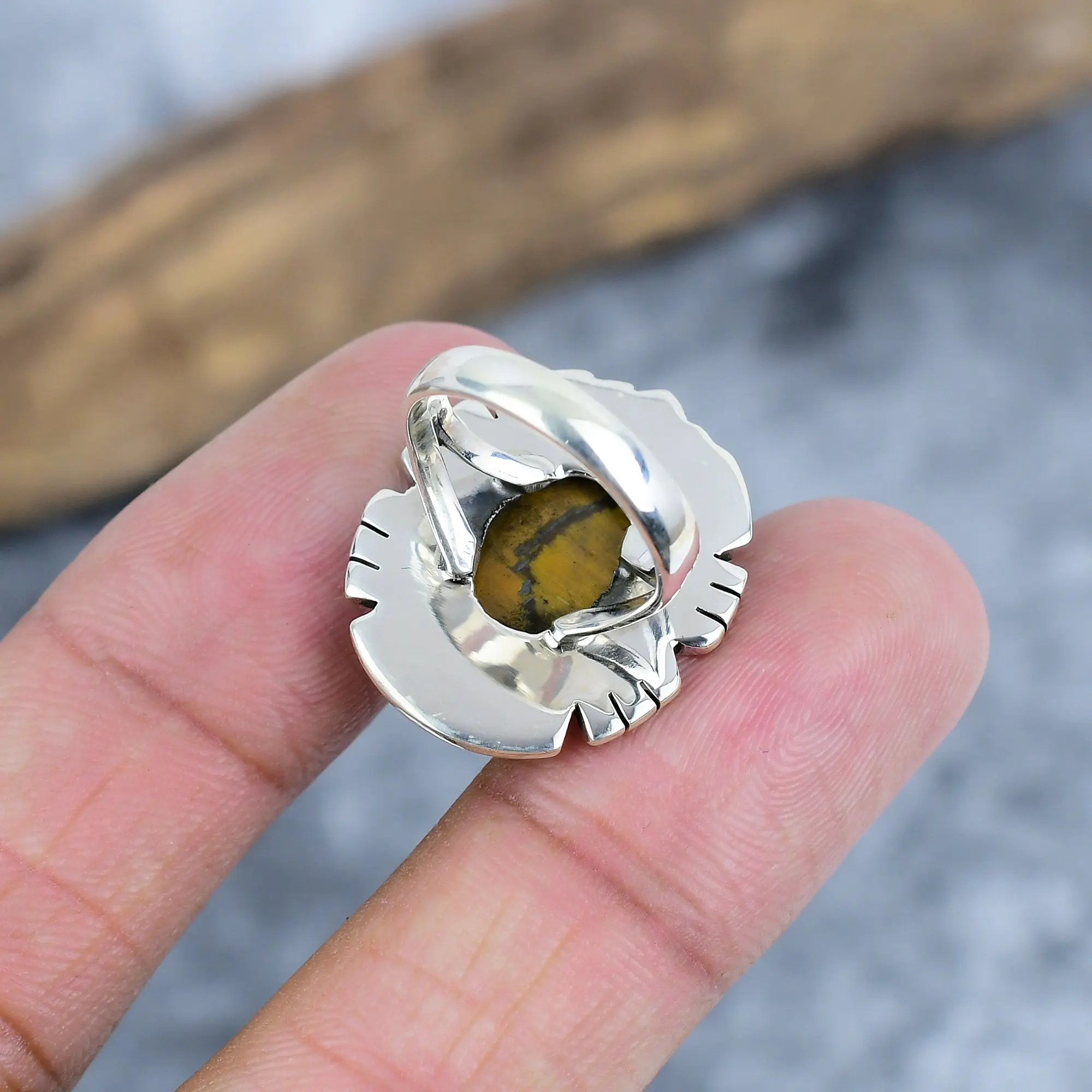 Natural Tiger Eye 925 Sterling Silver Bezel Statement Ring
