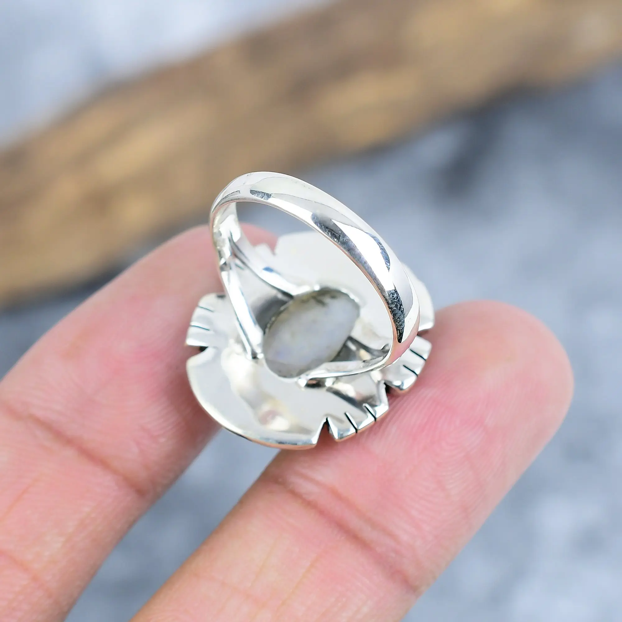 Nakshmart Natural Moonstone 925 Sterling Silver Bezel Statement Ring