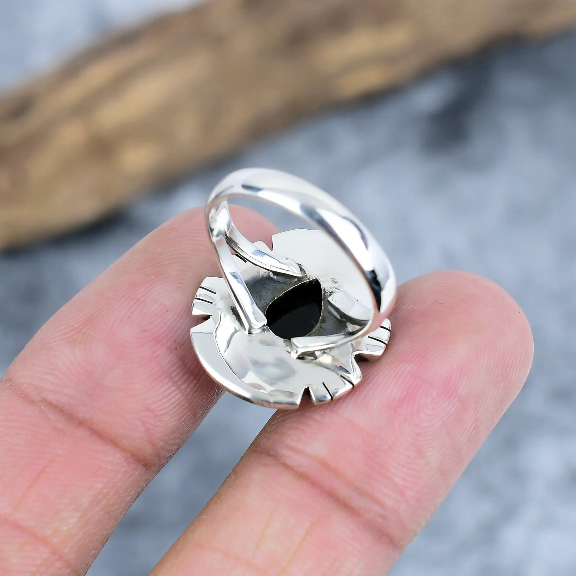 Nakshmart Natural Black Onyx 925 Sterling Silver Bezel Statement Ring
