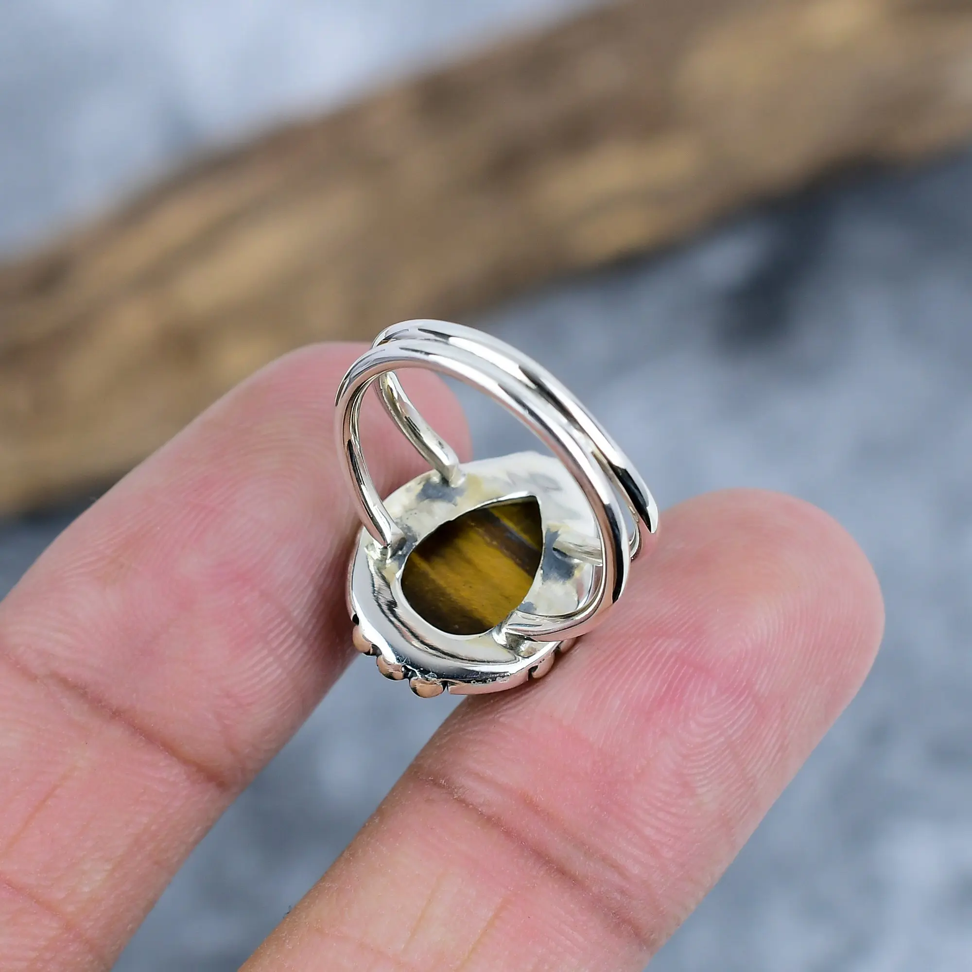 Natural Tiger Eye 925 Sterling Silver Statement Ring