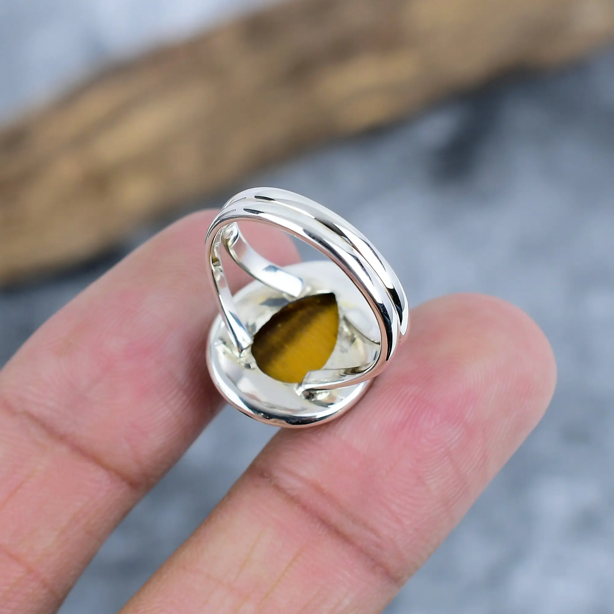 Nakshmart Natural Tiger Eye 925 Sterling Silver Statement Ring