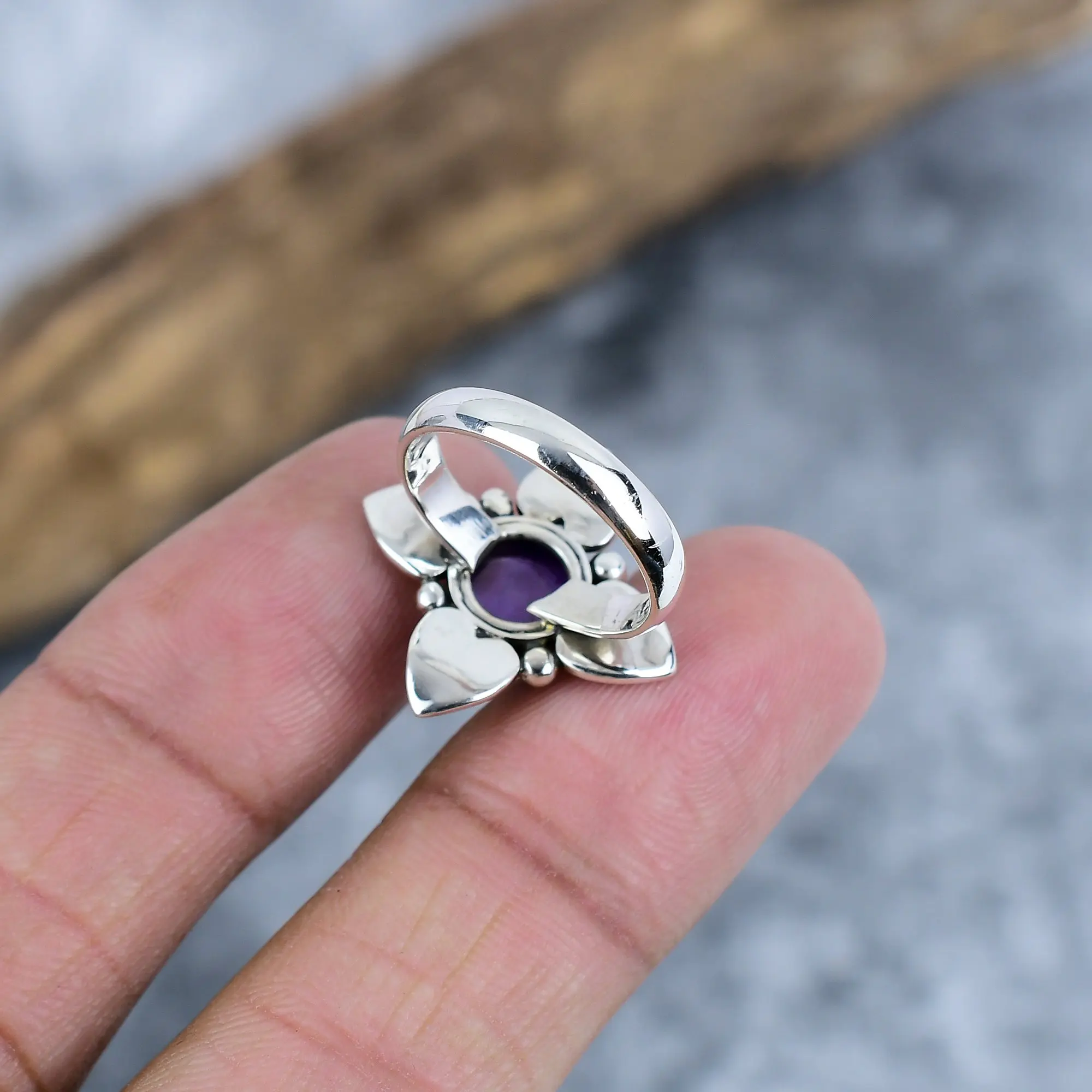 Nakshmart Natural Sage Amethyst 925 Sterling Silver Statement Ring