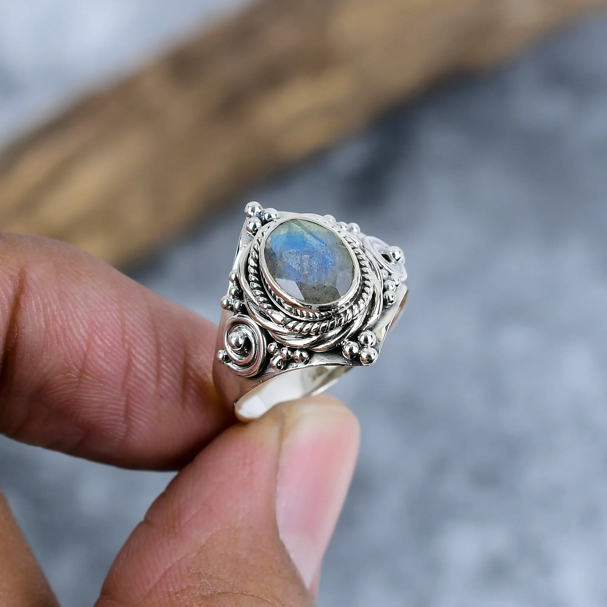 Nakshmart Natural Labradorite 925 Sterling Silver Statement Ring