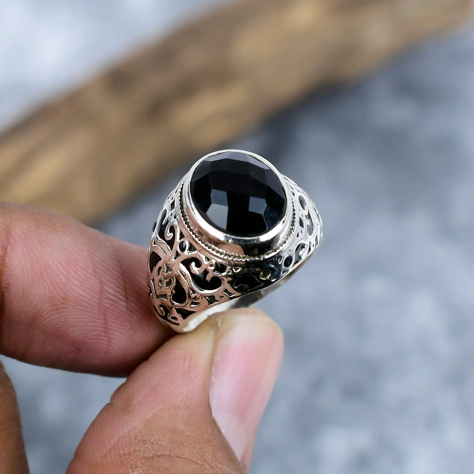 Nakshmart Natural Black Spinel Statement Ring 925 Sterling Silver