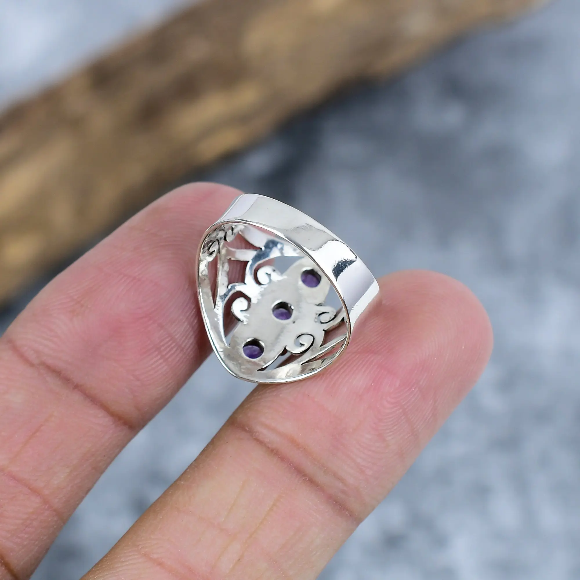 Nakshmart Natural Sage Amethyst 925 Sterling Silver Statement Ring