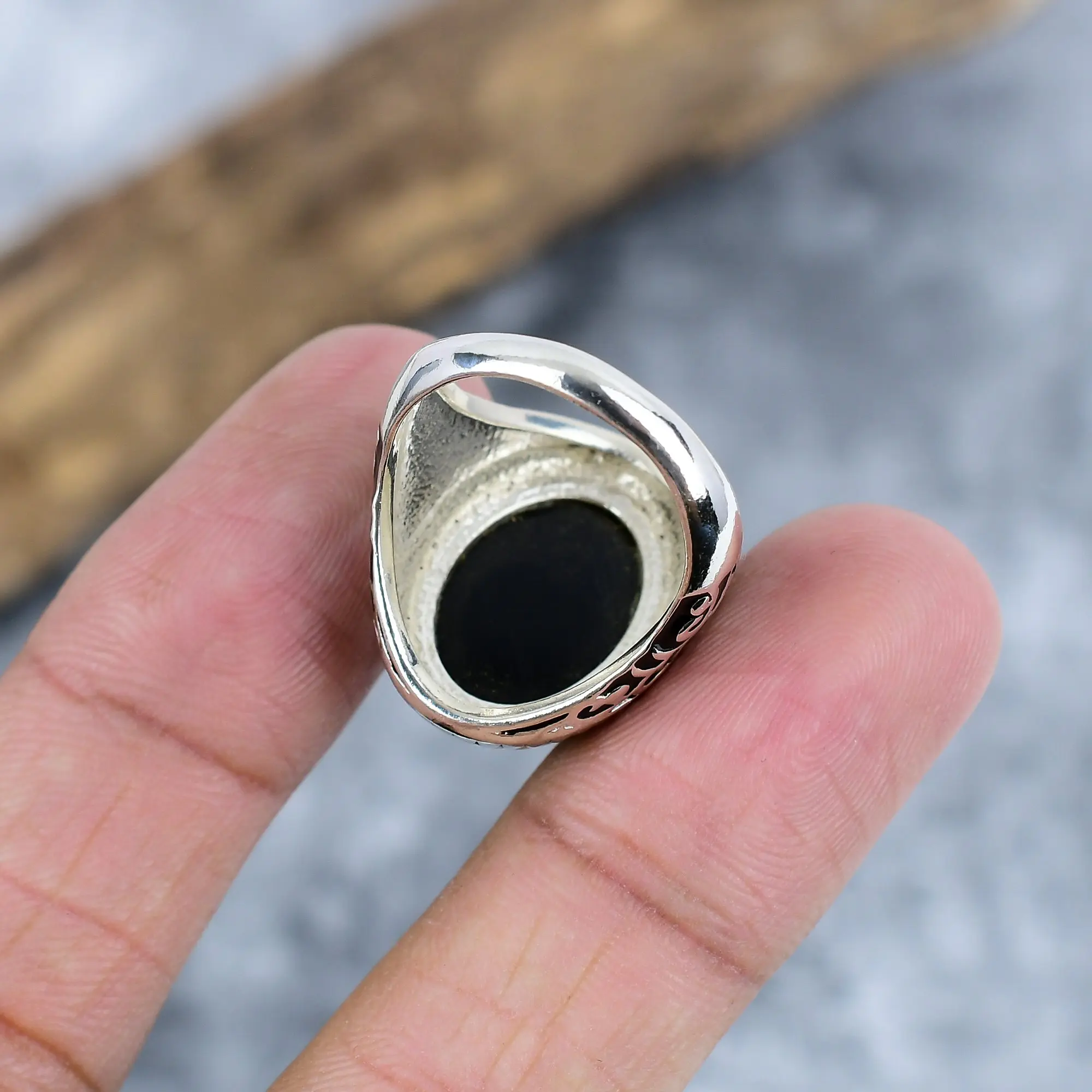 Nakshmart Black Spinel Bezel Statement Ring in 925 Sterling Silver