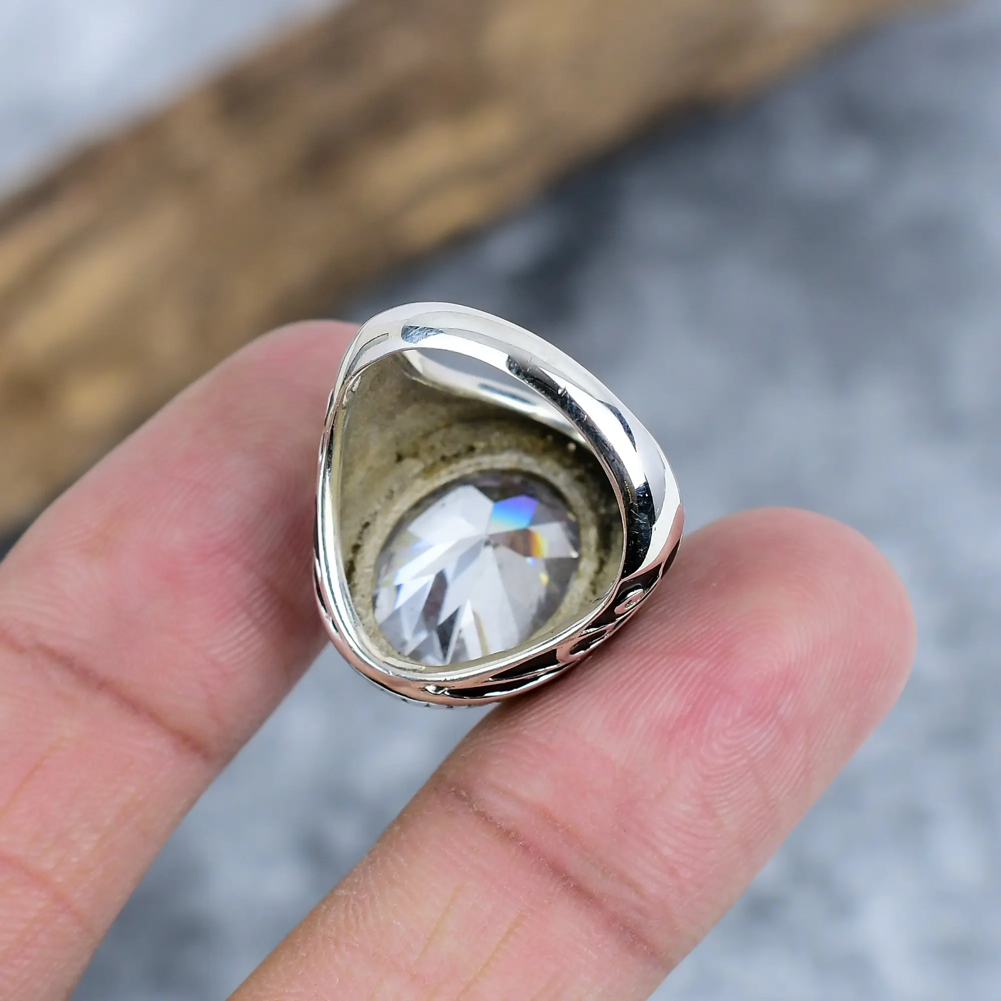 Nakshmart Natural White Topaz 925 Silver Bezel Statement Ring