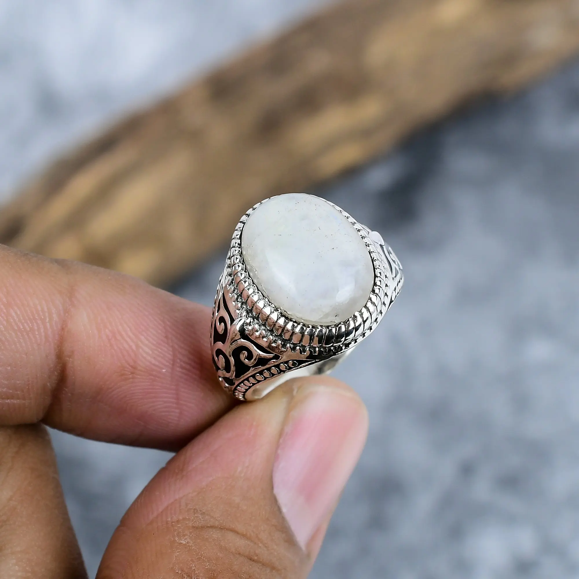 Nakshmart Natural Rainbow Moonstone 925 Silver Bezel Statement Ring