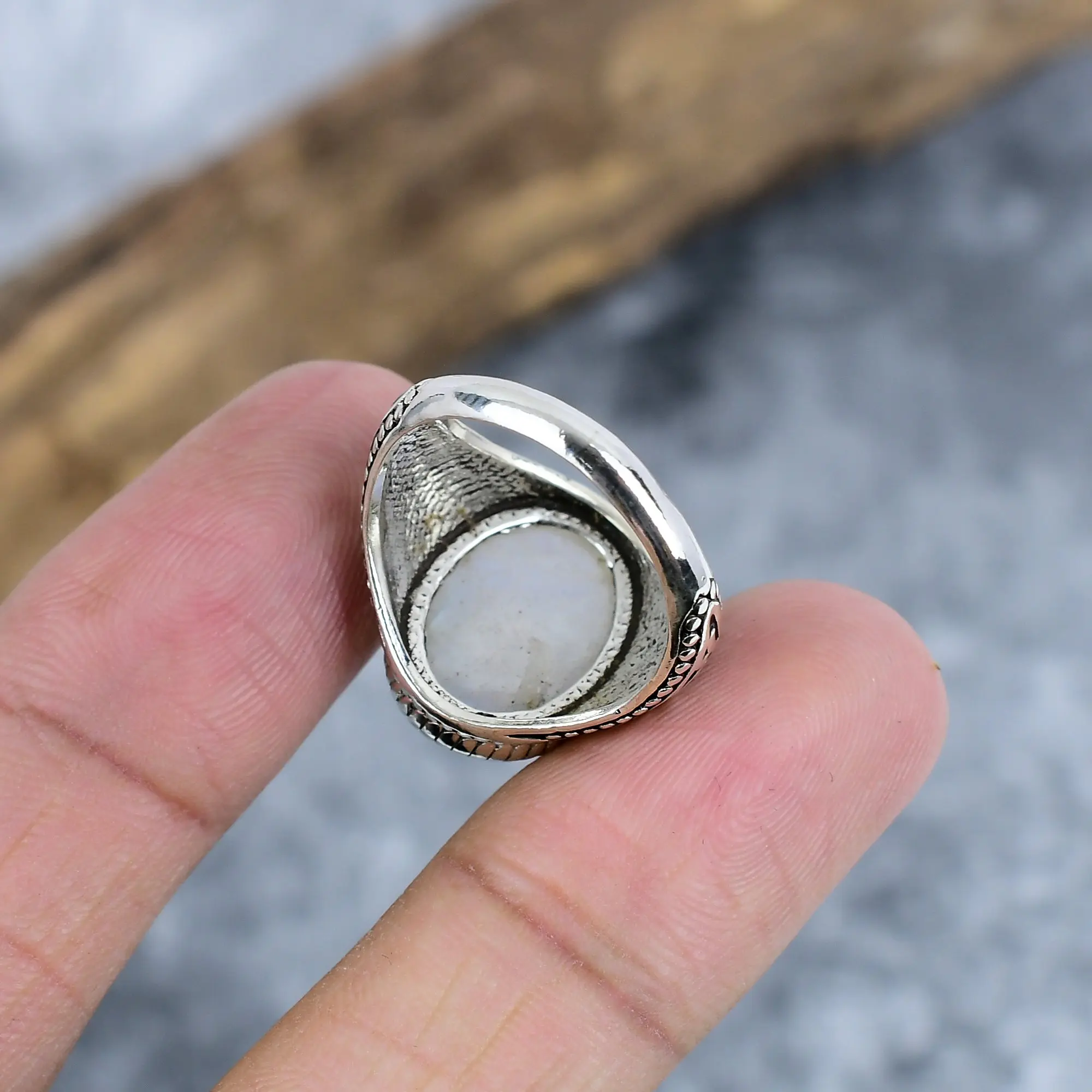 Nakshmart Natural Rainbow Moonstone 925 Silver Bezel Statement Ring