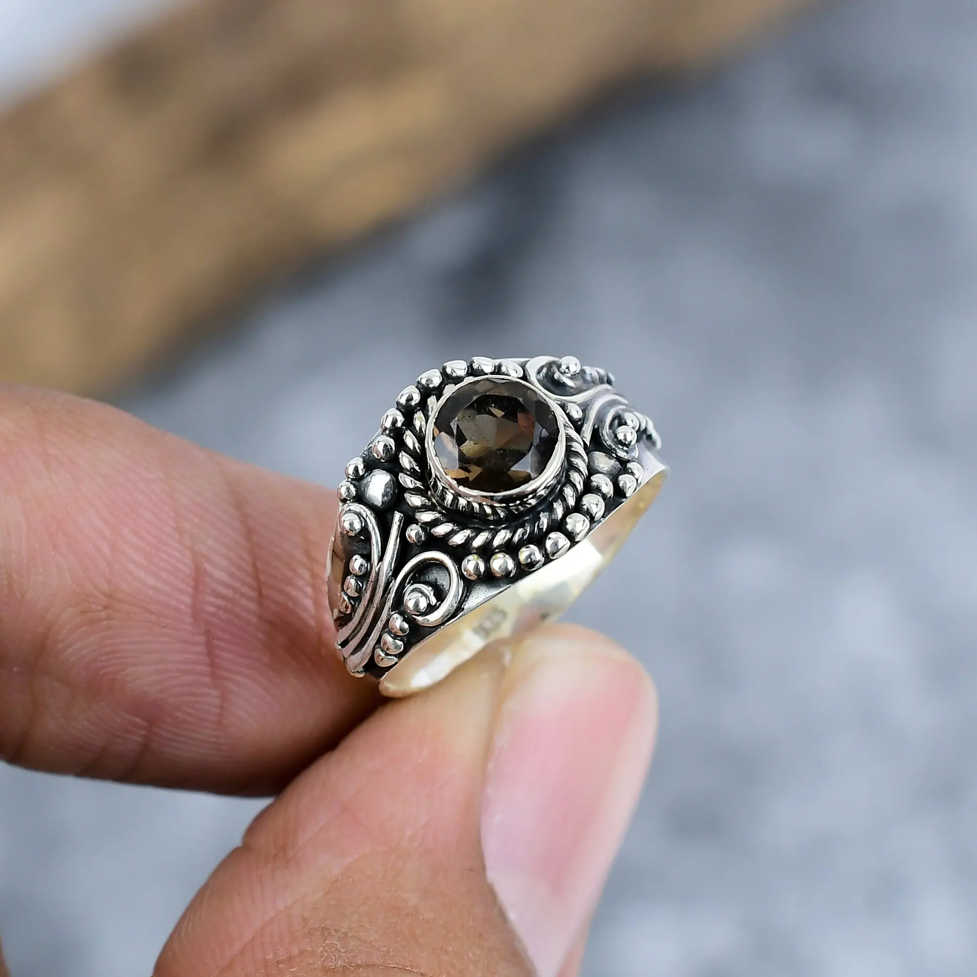 Nakshmart Natural Smoky Topaz Bezel Statement Ring in 925 Sterling Silver