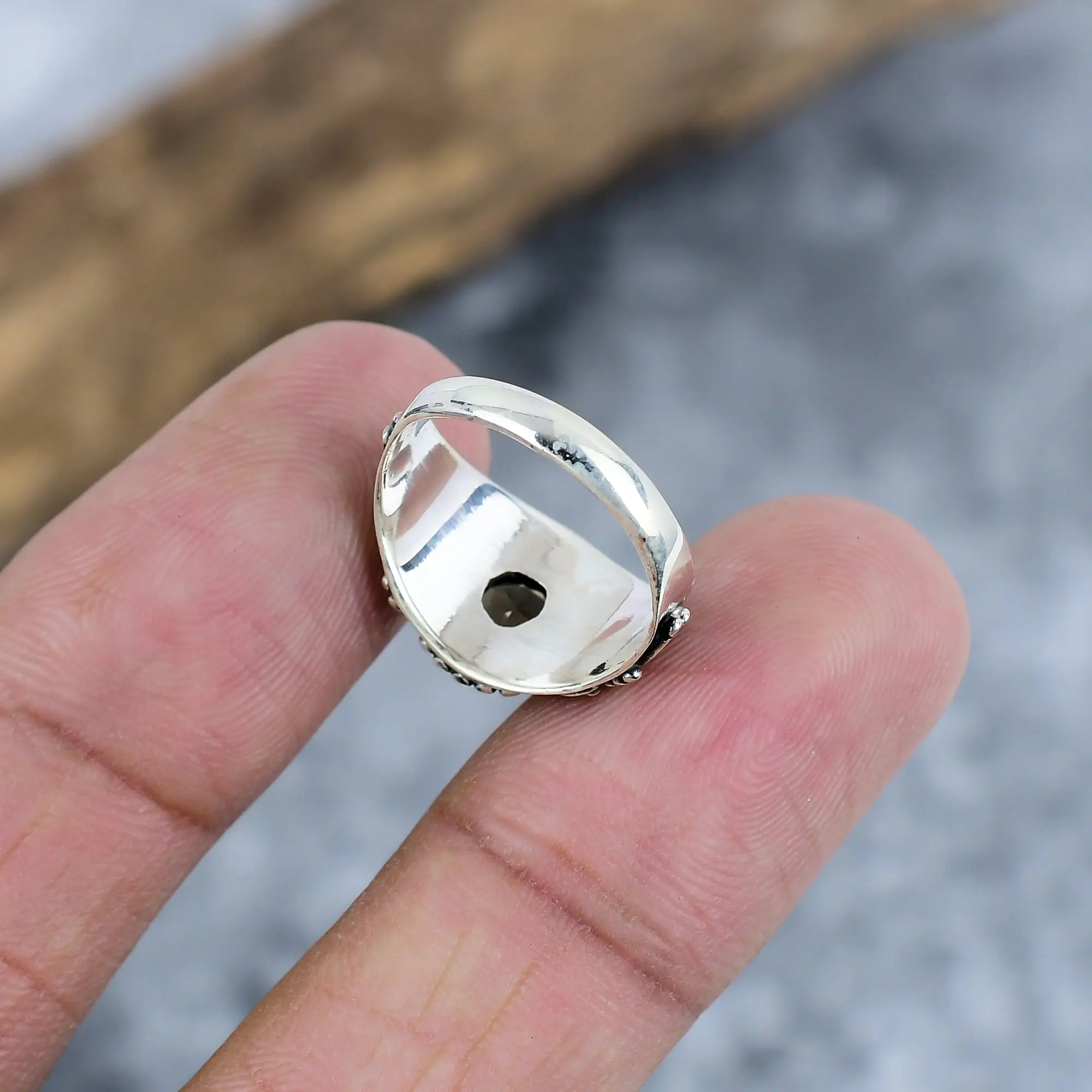 Nakshmart Natural Smoky Topaz Bezel Statement Ring in 925 Sterling Silver