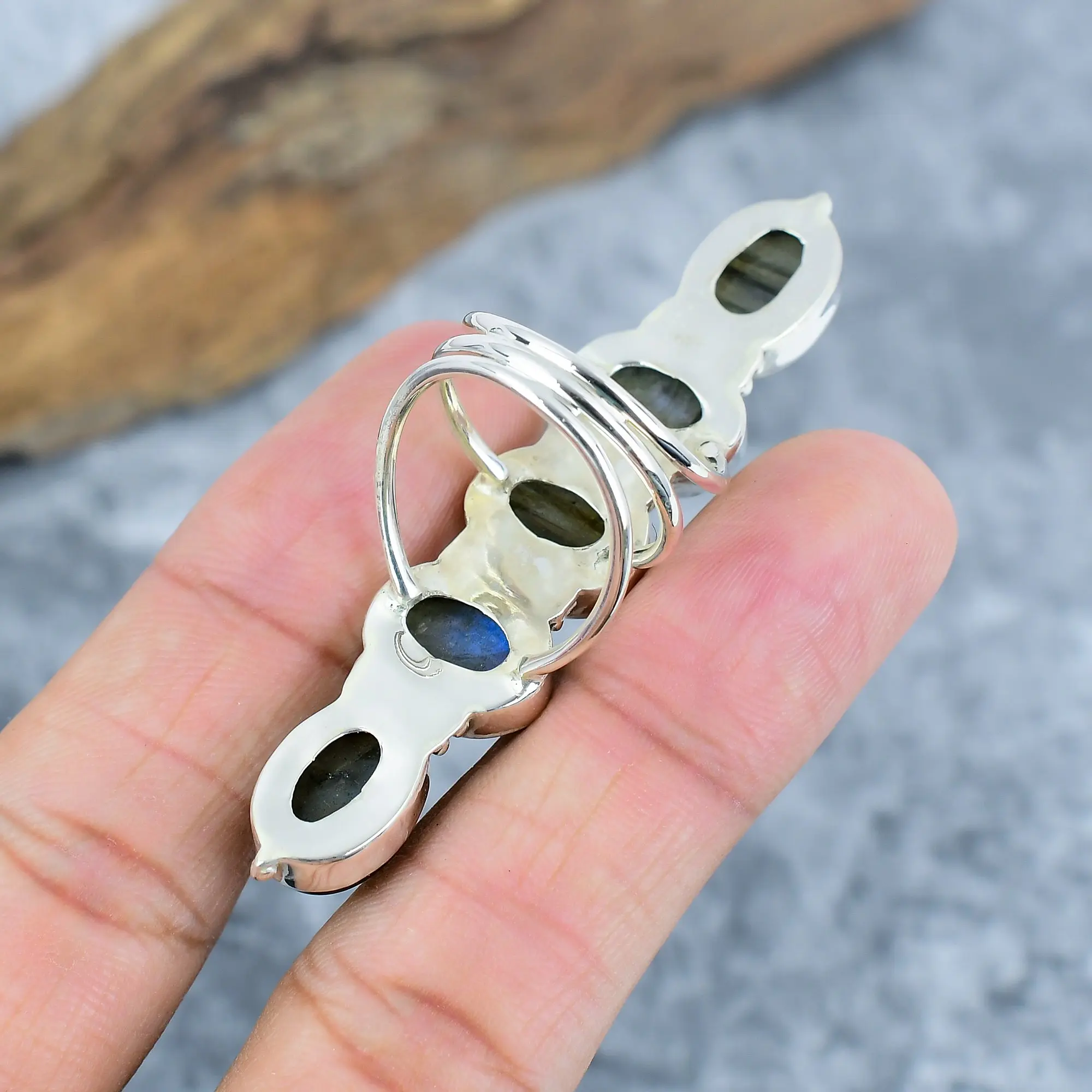 Nakshmart Natural Labradorite 925 Silver Bezel Statement Ring