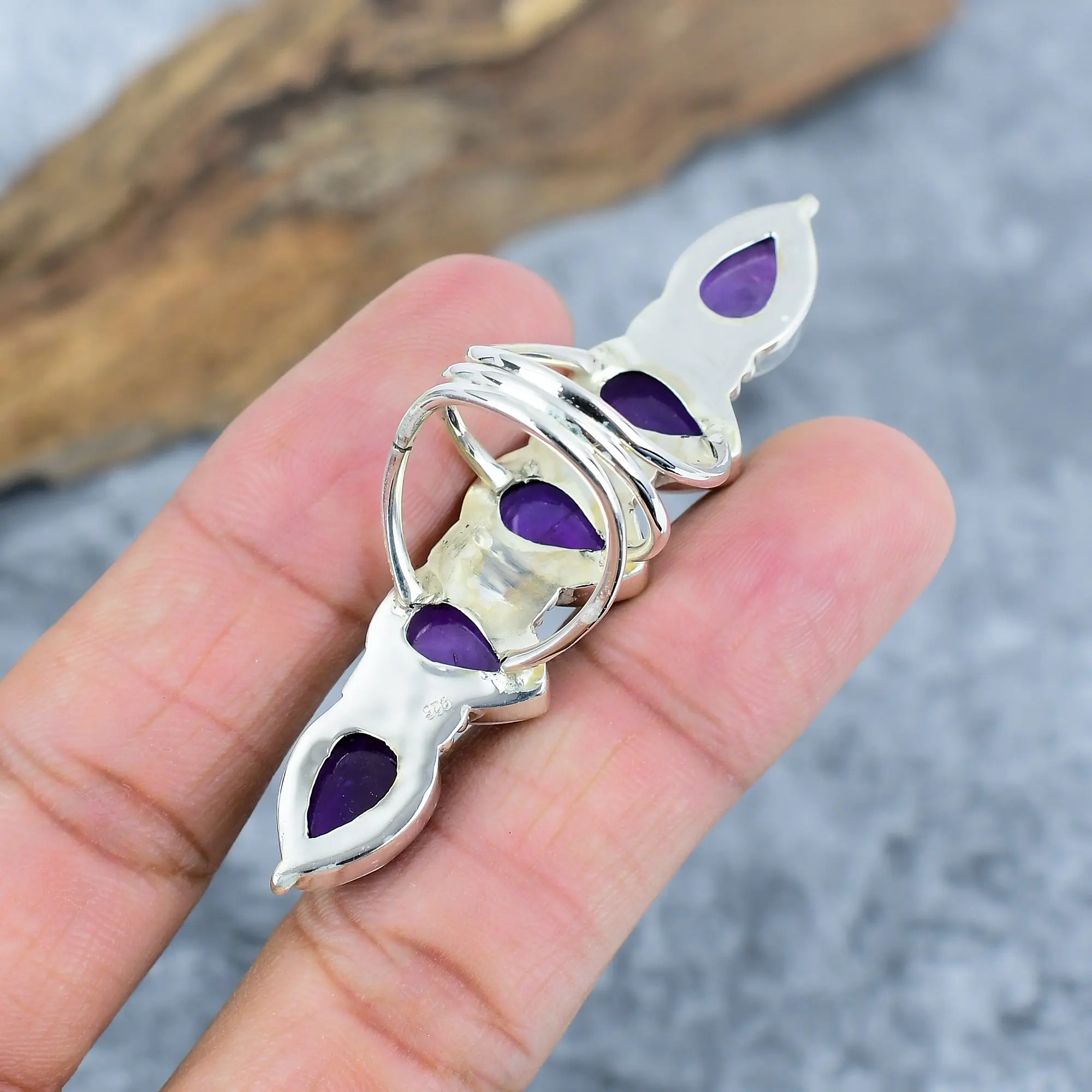 Nakshmart 925 Sterling Silver Natural Amethyst Bezel Statement Ring