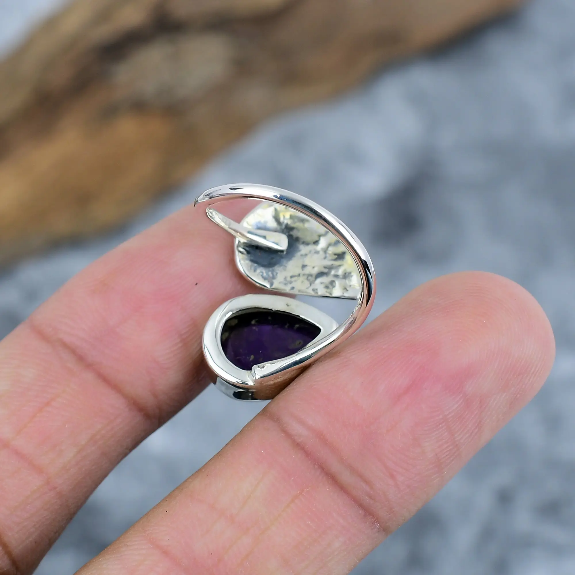 Nakshmart Natural Amethyst 925 Sterling Silver Bezel Statement Ring