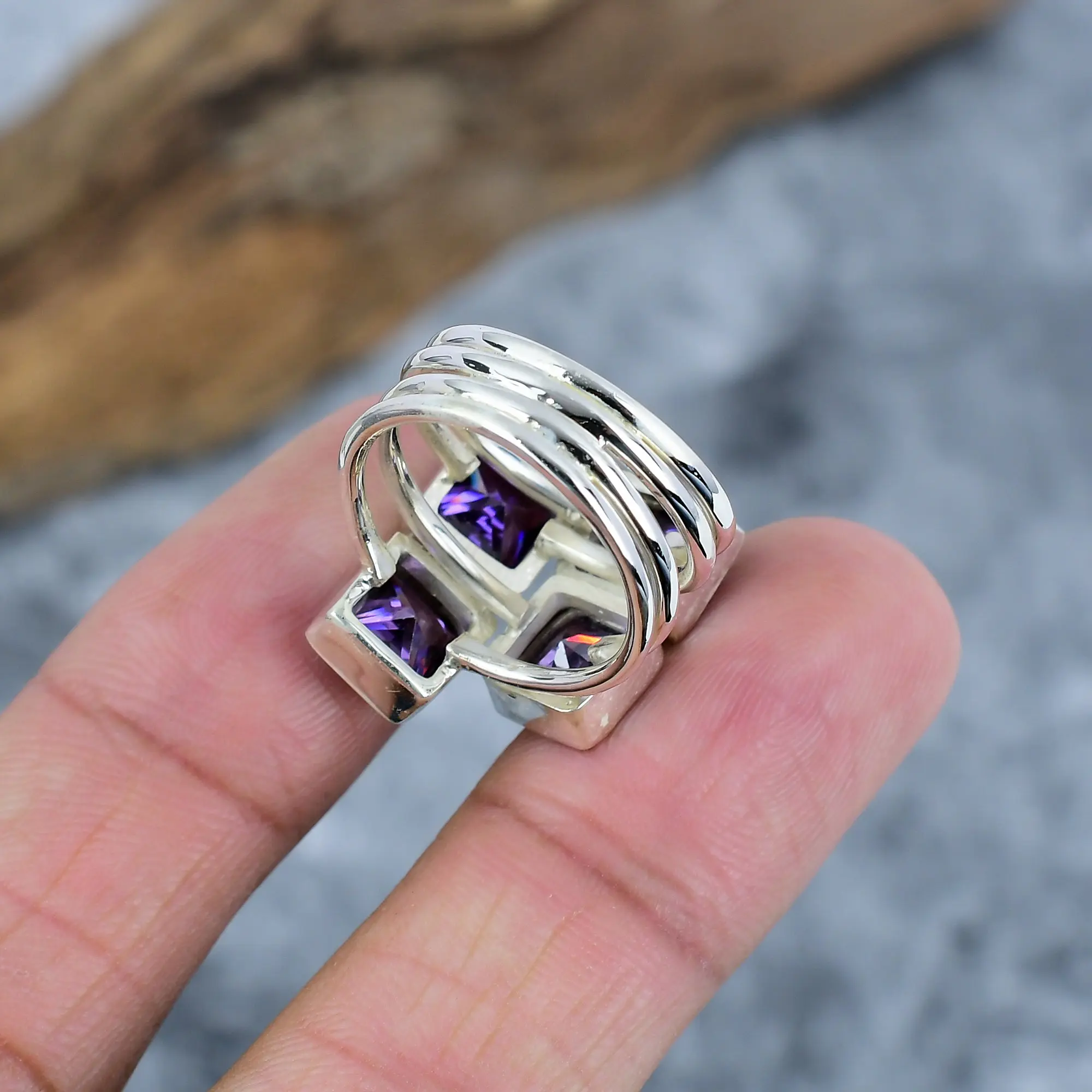 Nakshmart 925 Sterling Silver Amethyst Statement Ring