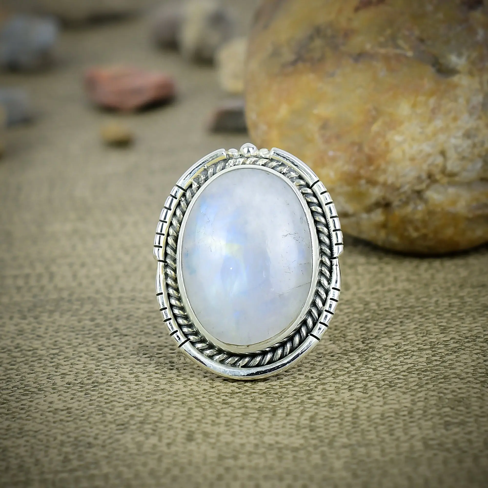 Nakshmart Natural Moonstone 925 Sterling Silver Statement Ring