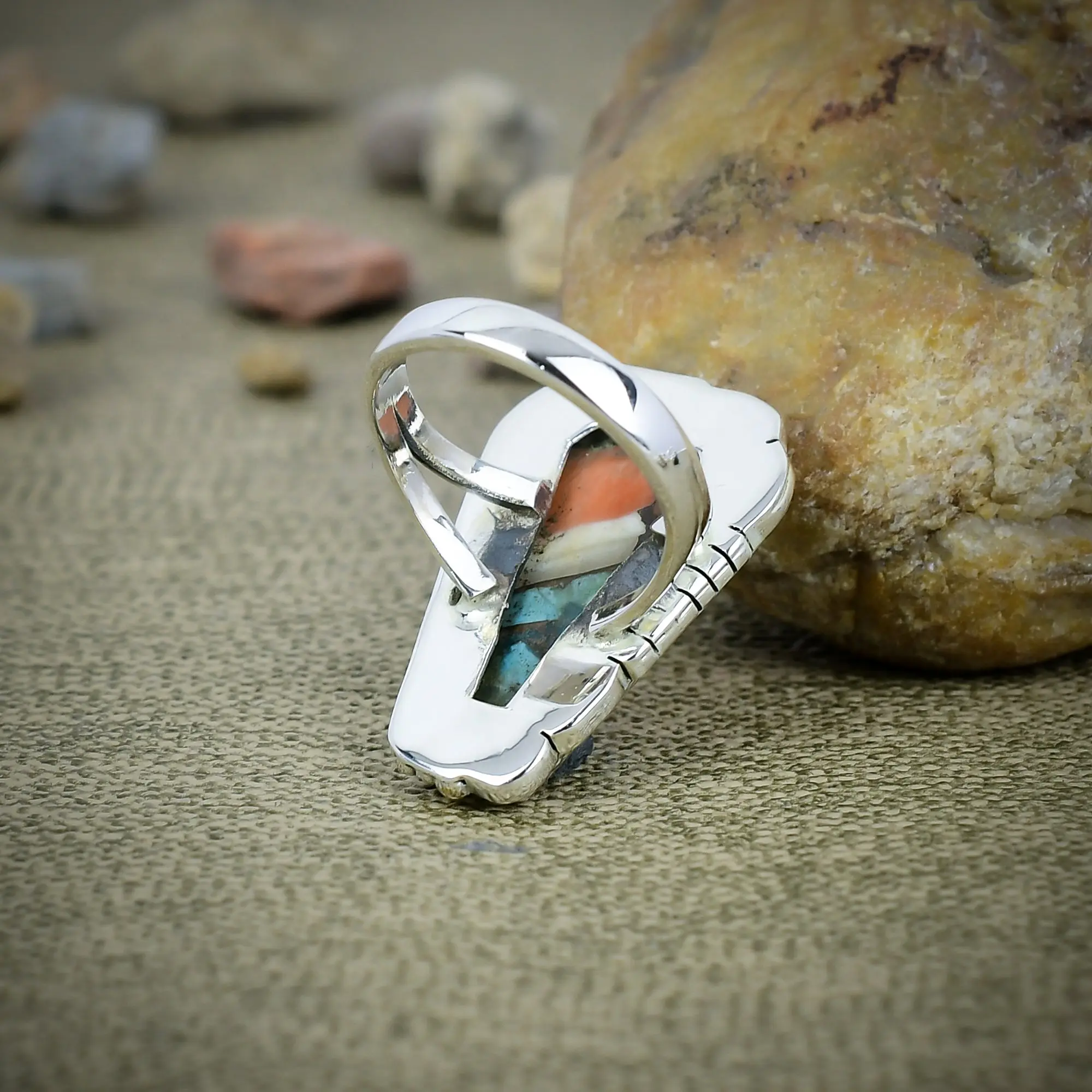 925 Sterling Silver Spiny Oyster Turquoise Bezel Statement Ring