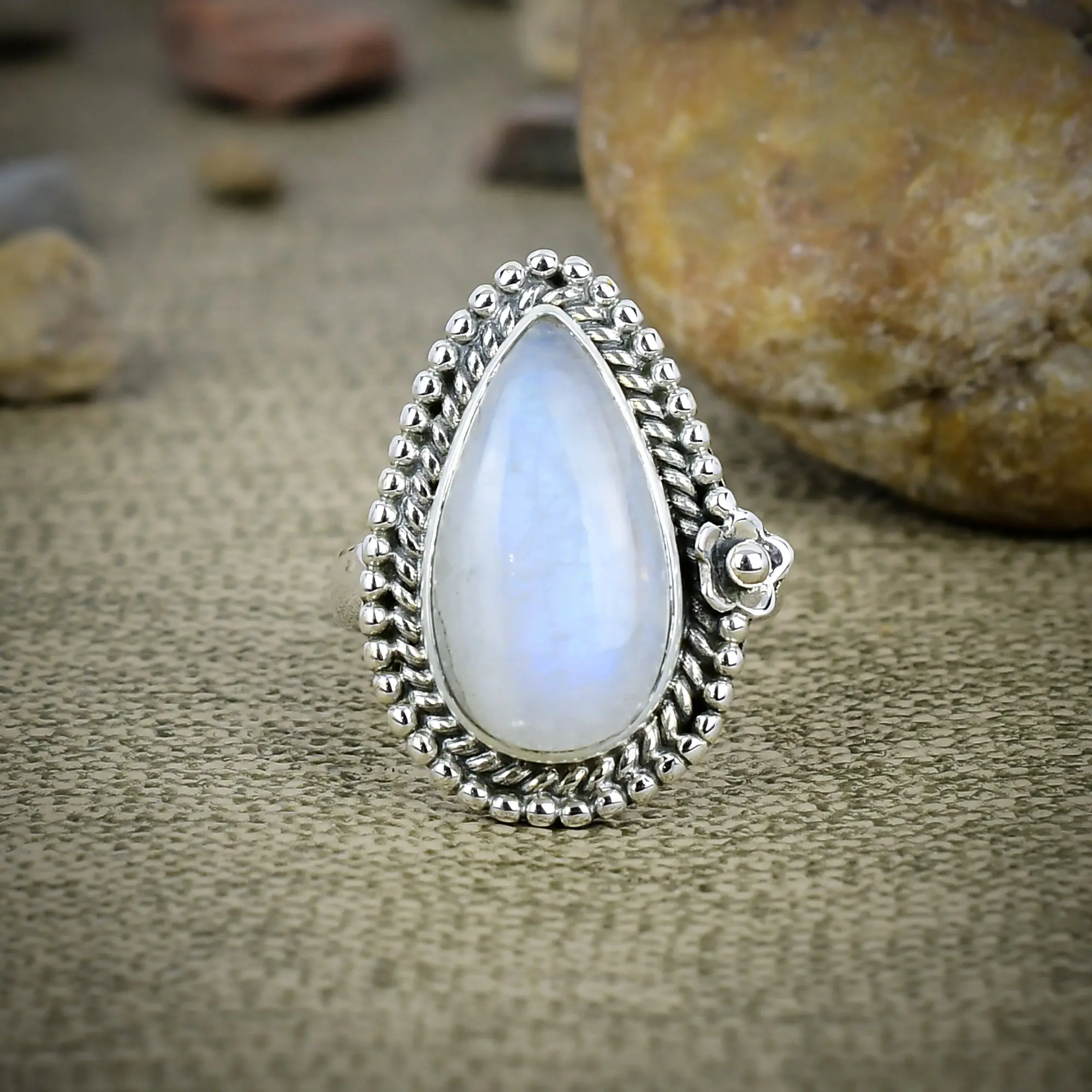 Nakshmart Natural Moonstone 925 Sterling Silver Bezel Statement Ring