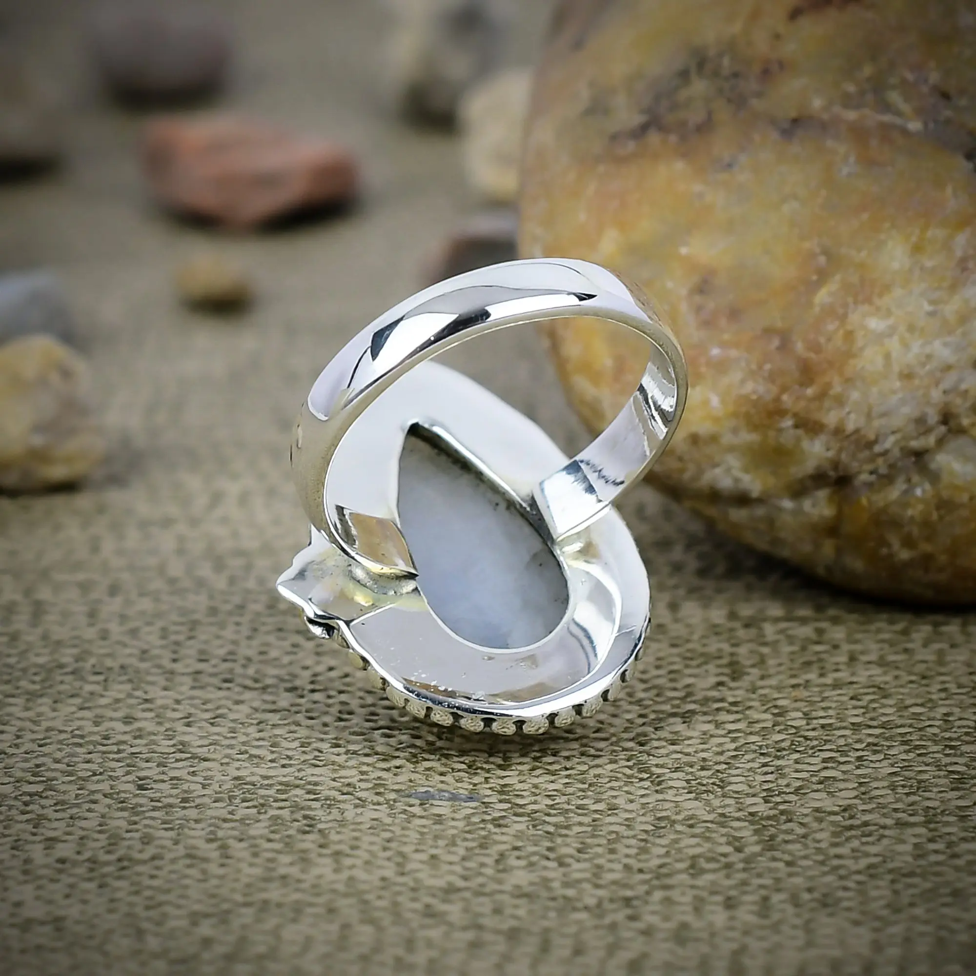 Nakshmart Natural Moonstone 925 Sterling Silver Bezel Statement Ring