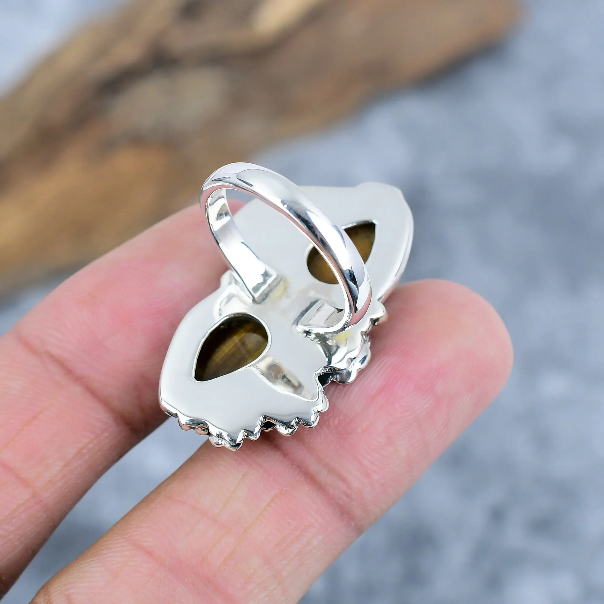 Nakshmart Natural Tiger's Eye 925 Sterling Silver Statement Ring